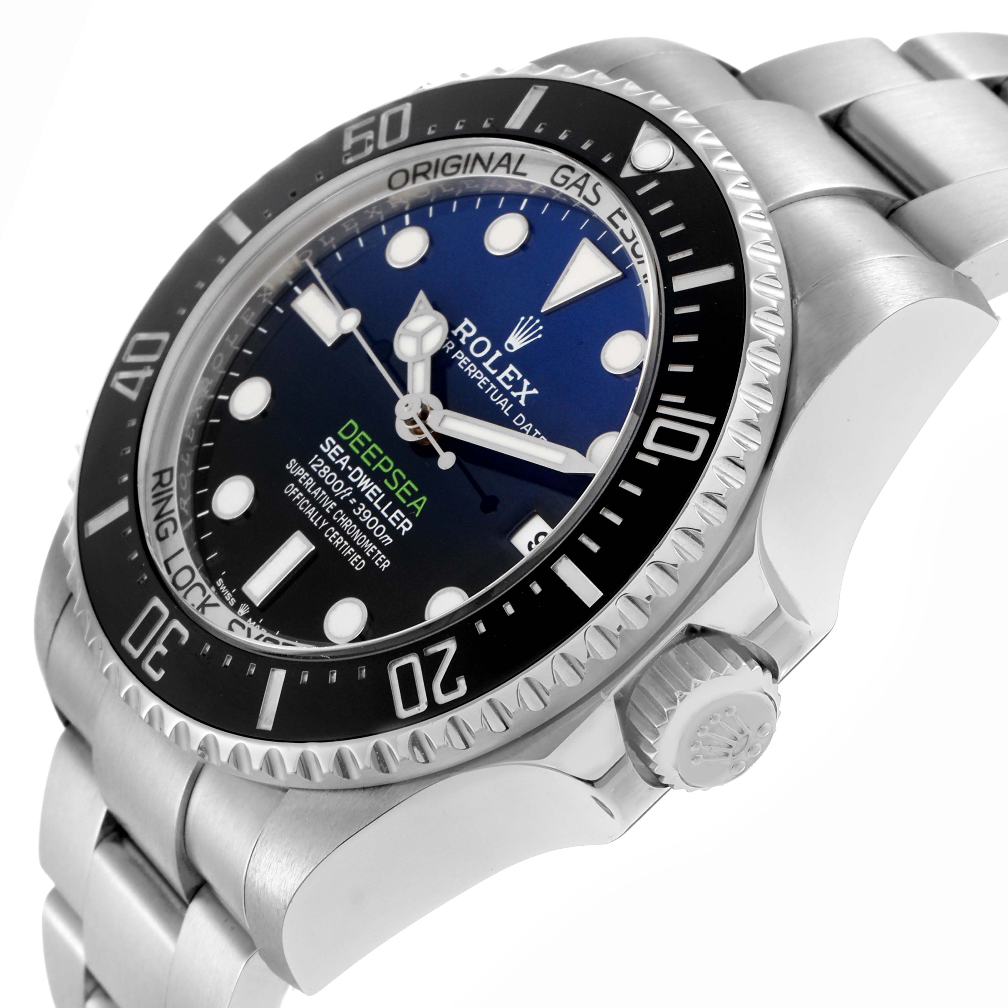 The Rolex Sea-Dweller 136660 Men
s Stainless Steel Blue Dial watch is shown at a slight angle, highlighting the bezel, dial, and crown.