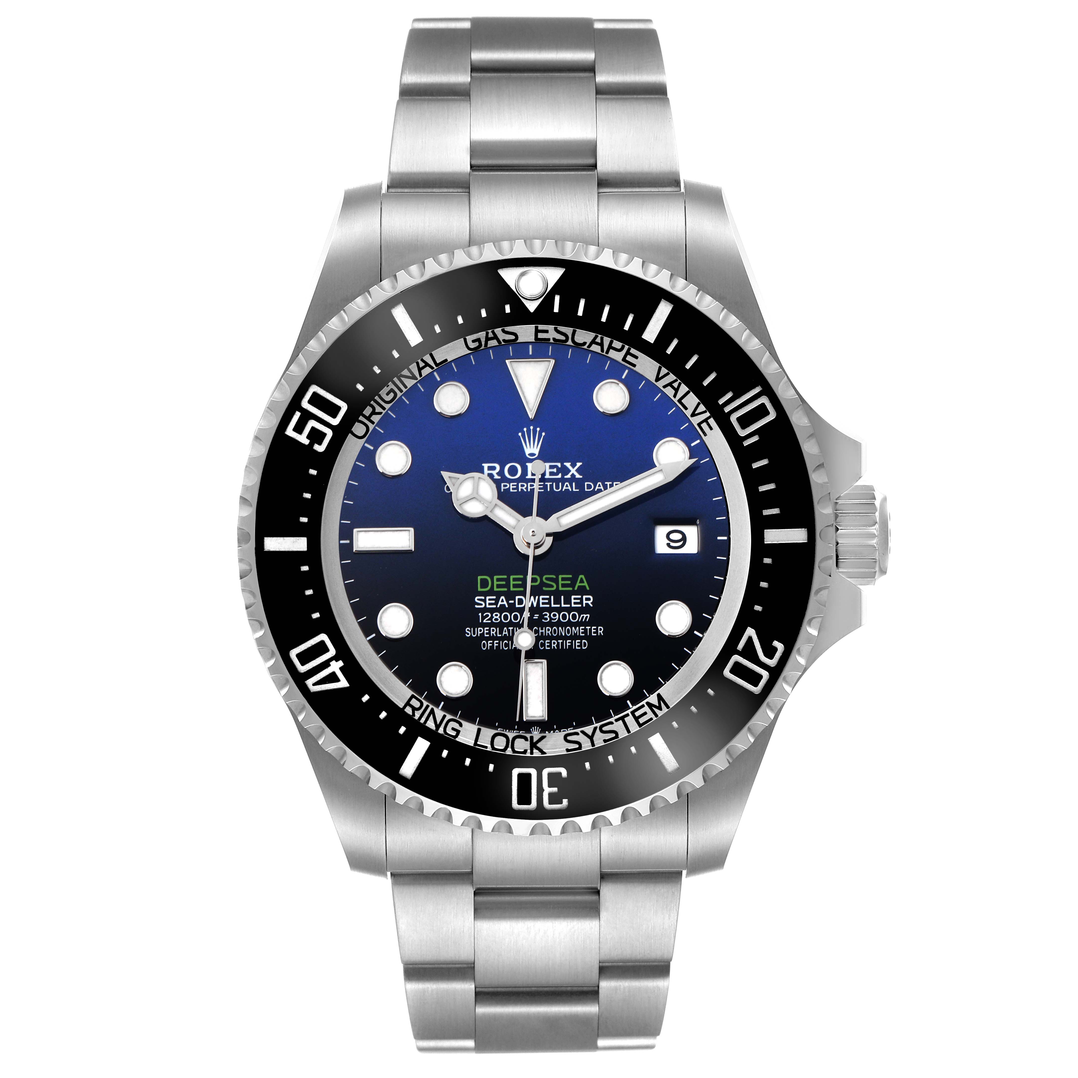 The Rolex Sea-Dweller 136660 Men
s Stainless Steel Blue Dial watch is shown from a front angle, highlighting the dial, bezel, and metal bracelet.