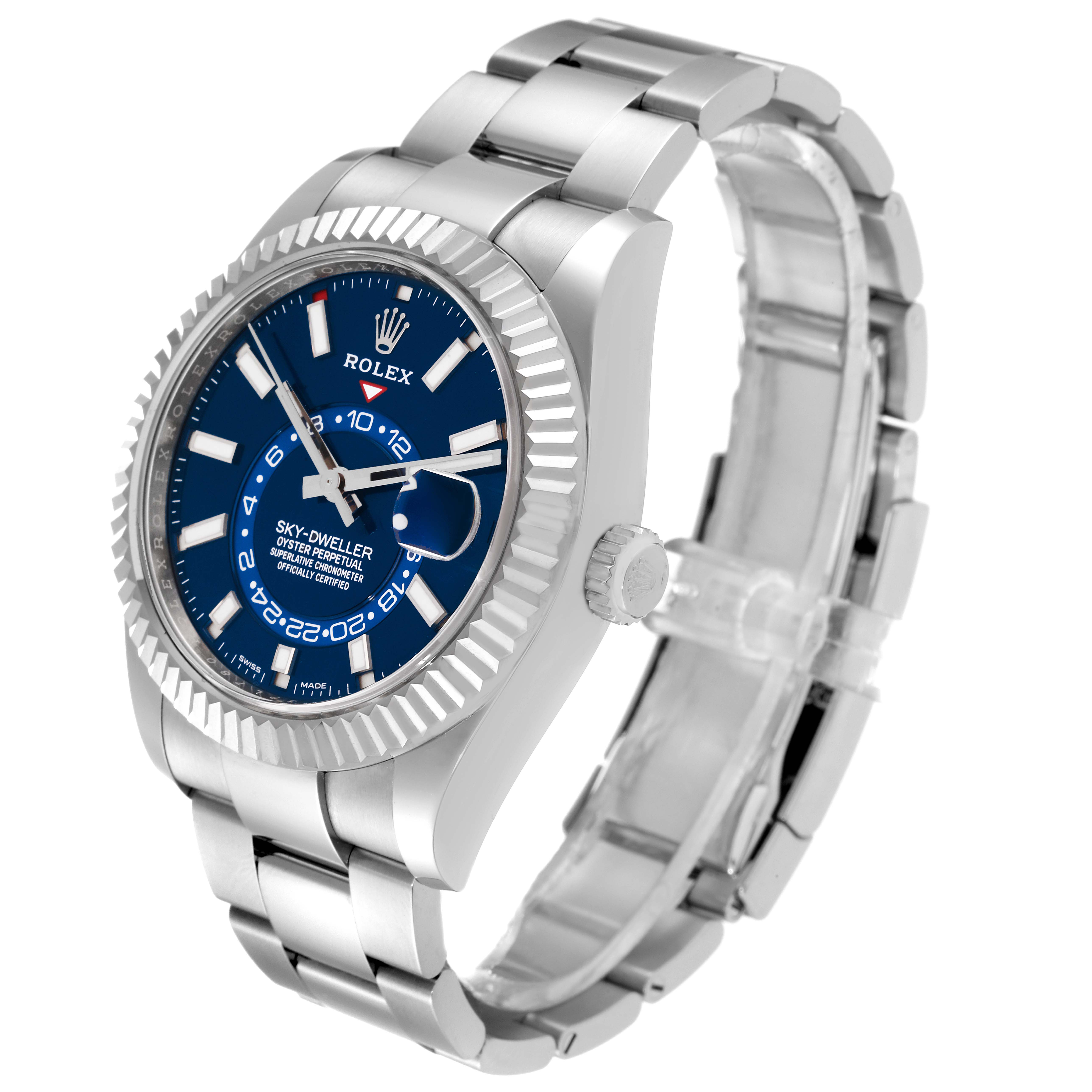 The Rolex Sky-Dweller 326934 Men's Stainless Steel Blue Dial 326934 Men's Stainless Steel Blue Dial watch is shown at a front angle, highlighting its blue dial, fluted bezel, and stainless steel bracelet.