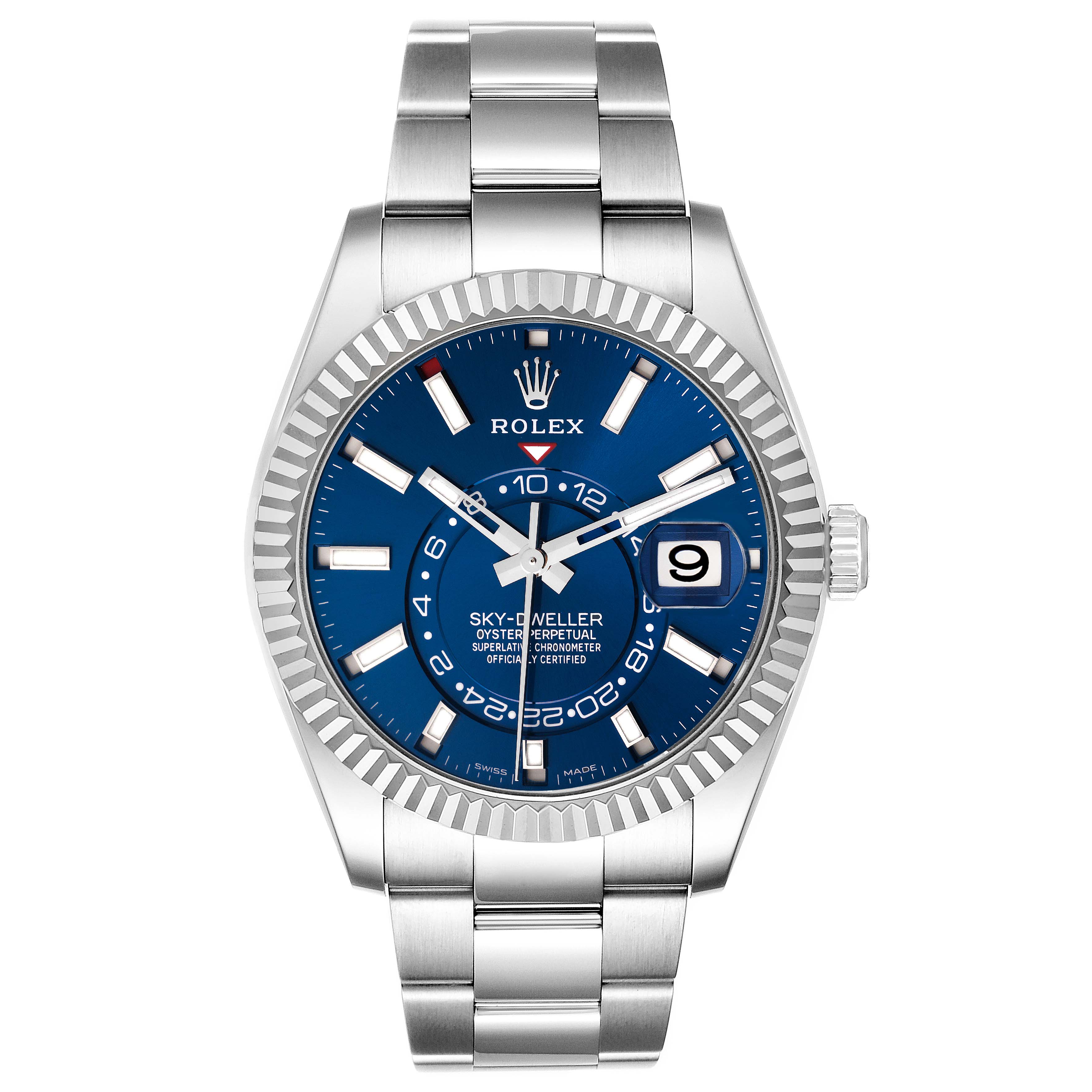 This image shows a front view of the Rolex Sky-Dweller 326934 Men's Stainless Steel Blue Dial 326934 Men's Stainless Steel Blue Dial watch, highlighting its blue dial, fluted bezel, and stainless steel bracelet.