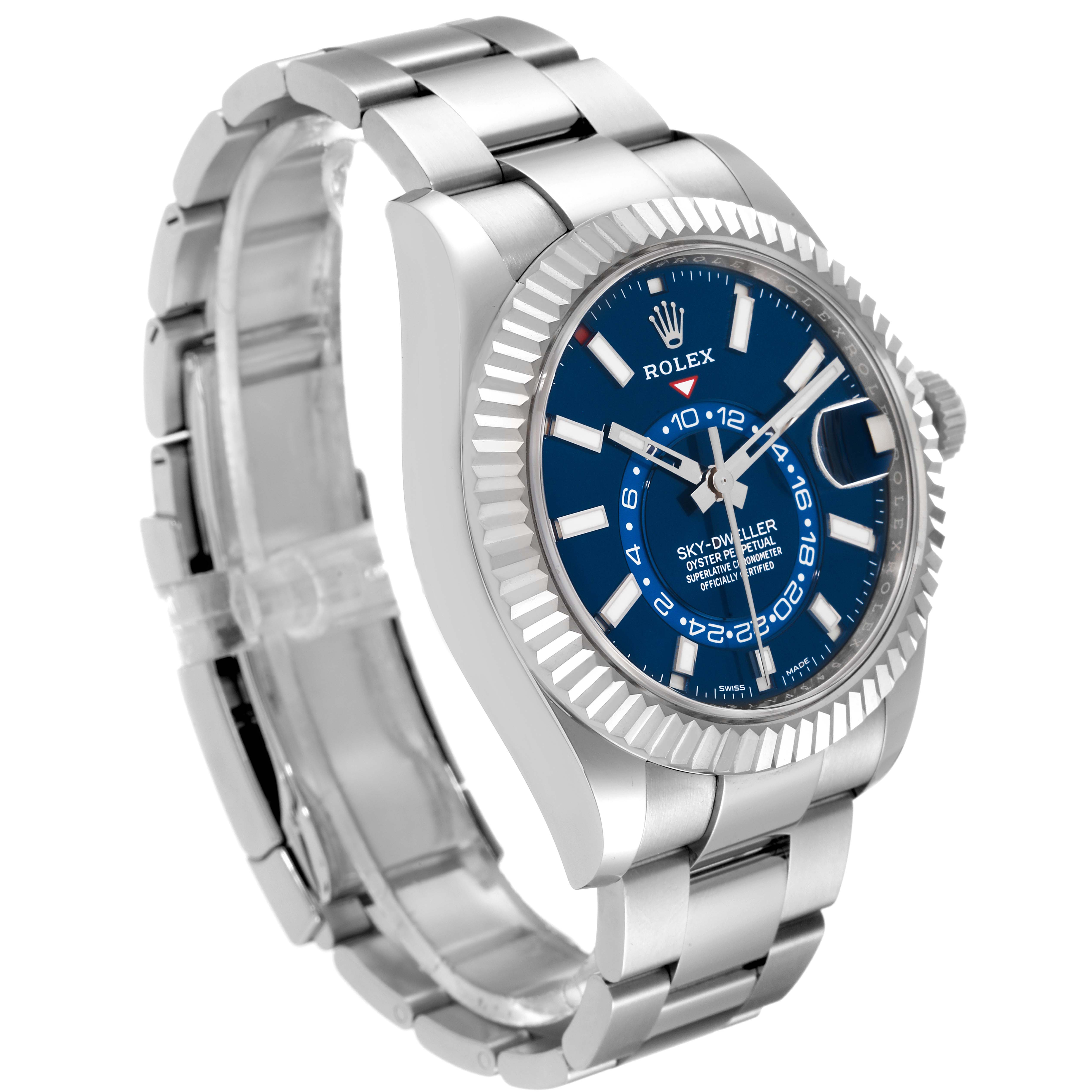 The image shows a side and front angle of a Rolex Sky-Dweller 326934 Men's Stainless Steel Blue Dial 326934 Men's Stainless Steel Blue Dial watch, highlighting the face, bezel, and bracelet.