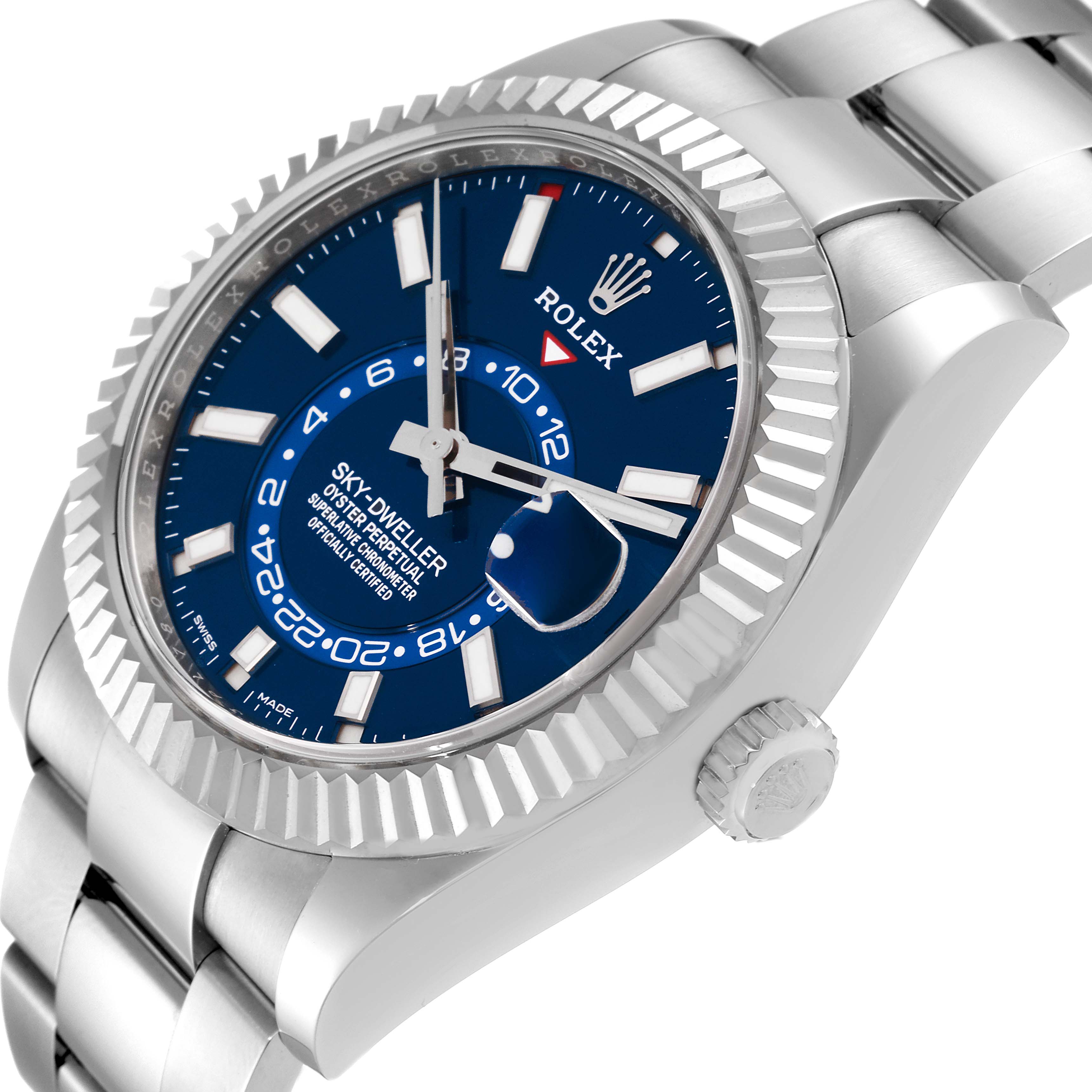 The image shows a Rolex Sky-Dweller 326934 Men's Stainless Steel Blue Dial 326934 Men's Stainless Steel Blue Dial watch at an angle, highlighting its blue dial, fluted bezel, and crown.
