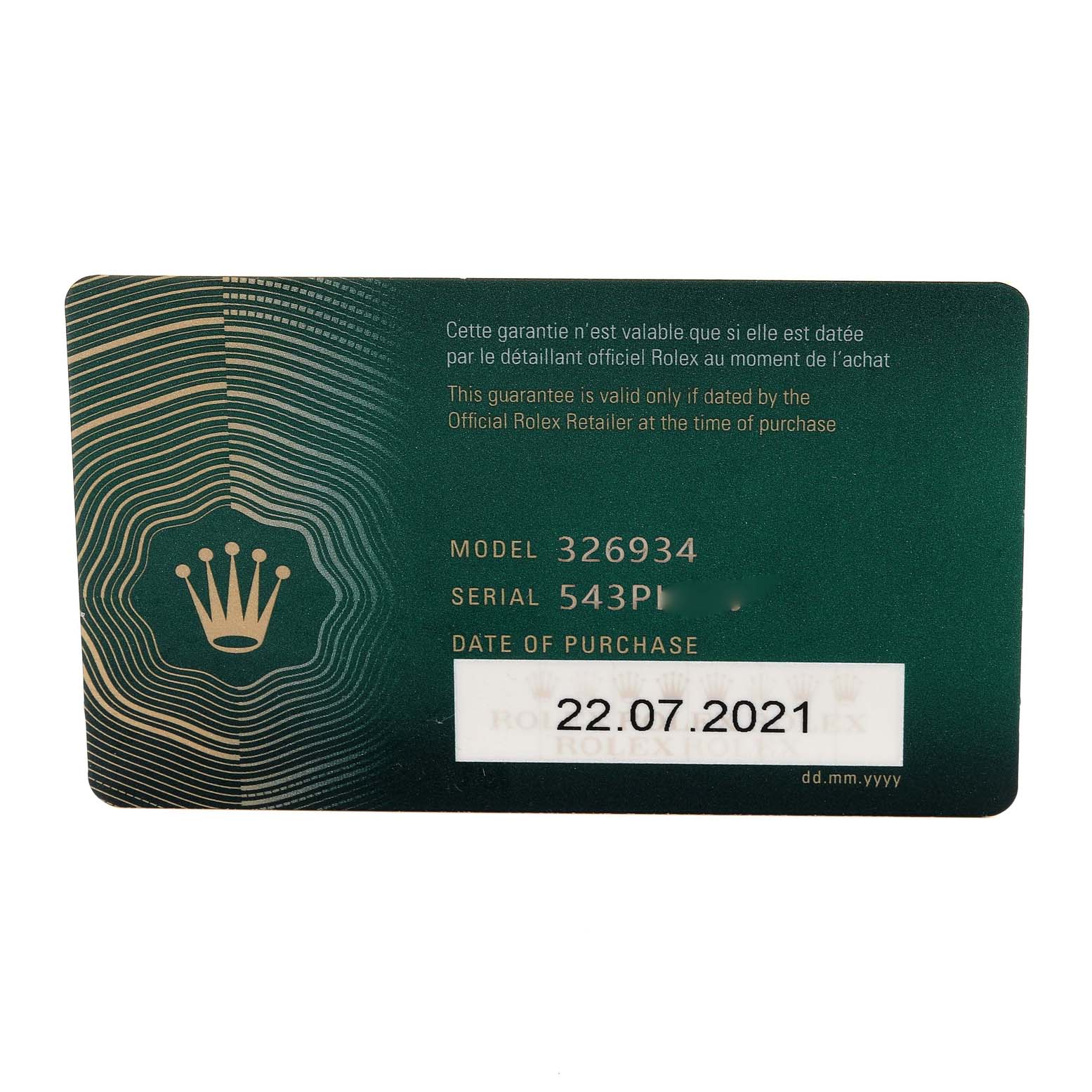 This image shows the guarantee card for a Rolex Sky-Dweller 326934 Men's Stainless Steel Blue Dial 326934 Men's Stainless Steel Blue Dial model 326934, dated 22.07.2021.