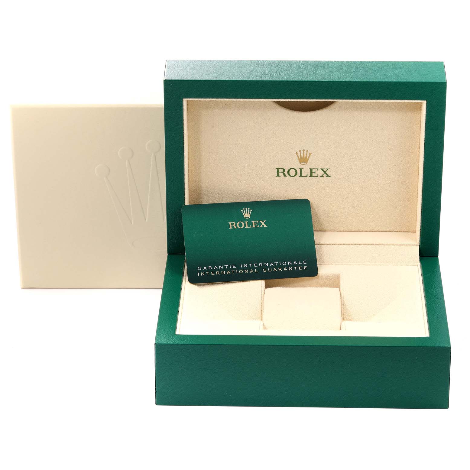 This image shows an open Rolex Sky-Dweller 326934 Men's Stainless Steel Blue Dial 326934 Men's Stainless Steel Blue Dial watch box with the international guarantee card displayed inside.