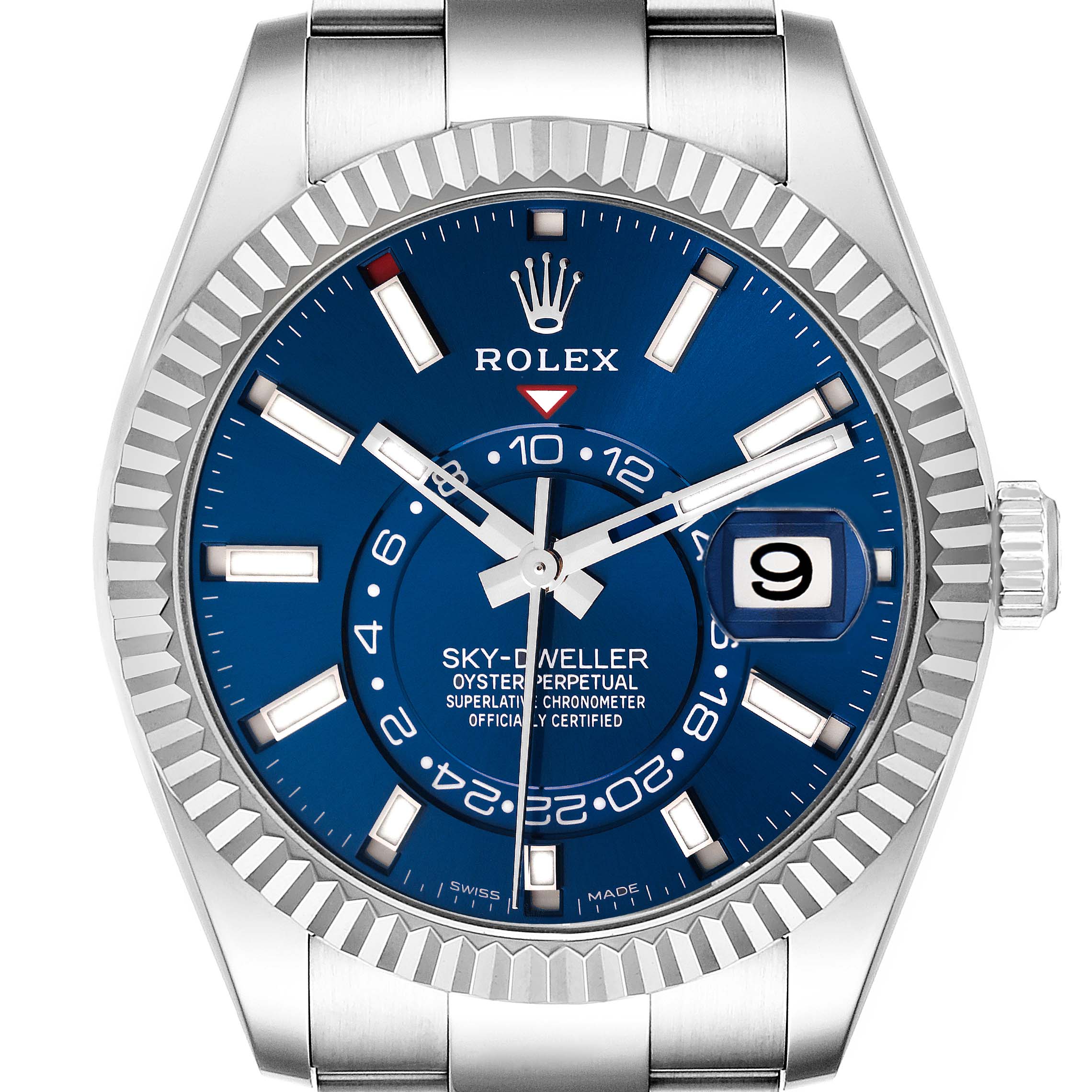 The image shows a frontal view of a Rolex Sky-Dweller 326934 Men's Stainless Steel Blue Dial 326934 Men's Stainless Steel Blue Dial watch with a blue face and a stainless steel oyster band.
