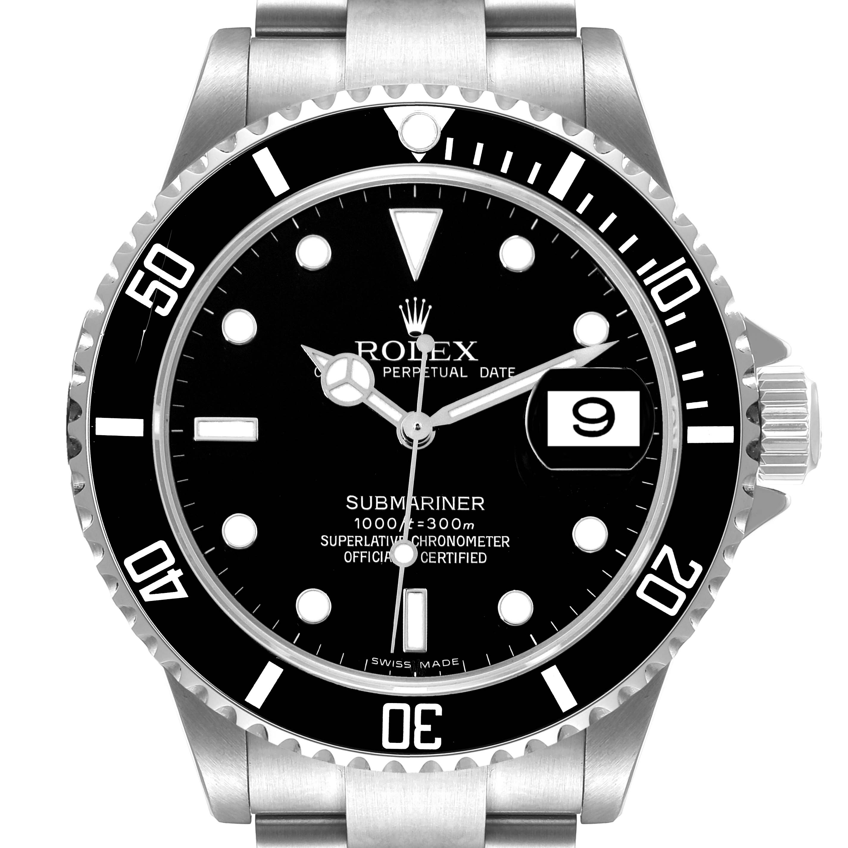 The image shows a front view of the Rolex Submariner 16610 Men's Stainless Steel Black Dial 16610 Men's Stainless Steel Black Dial watch, highlighting the dial, bezel, crown, and part of the bracelet.