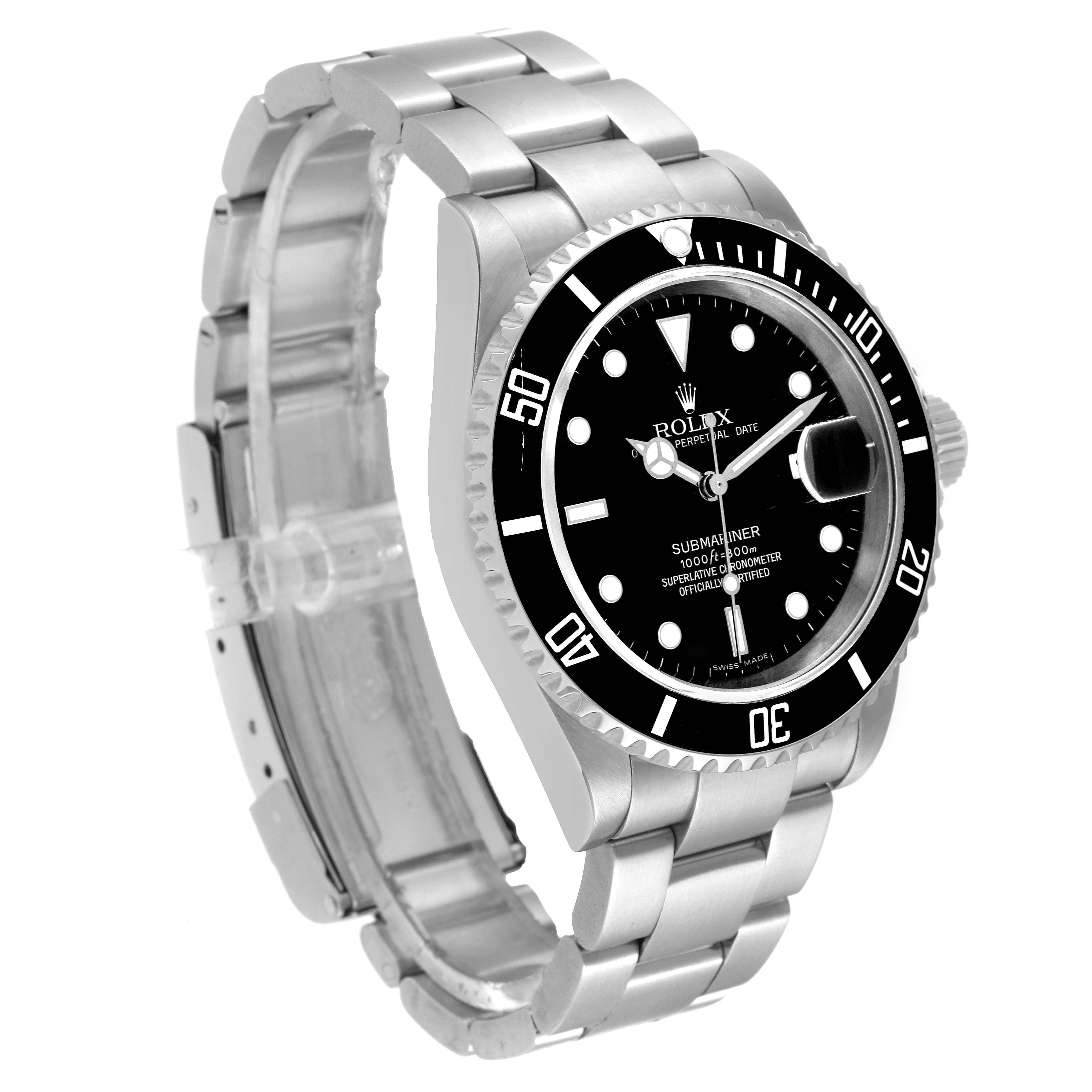The image shows a side angle of a Rolex Submariner 16610 Men's Stainless Steel Black Dial 16610 Men's Stainless Steel Black Dial watch, highlighting its bracelet, bezel, and face.