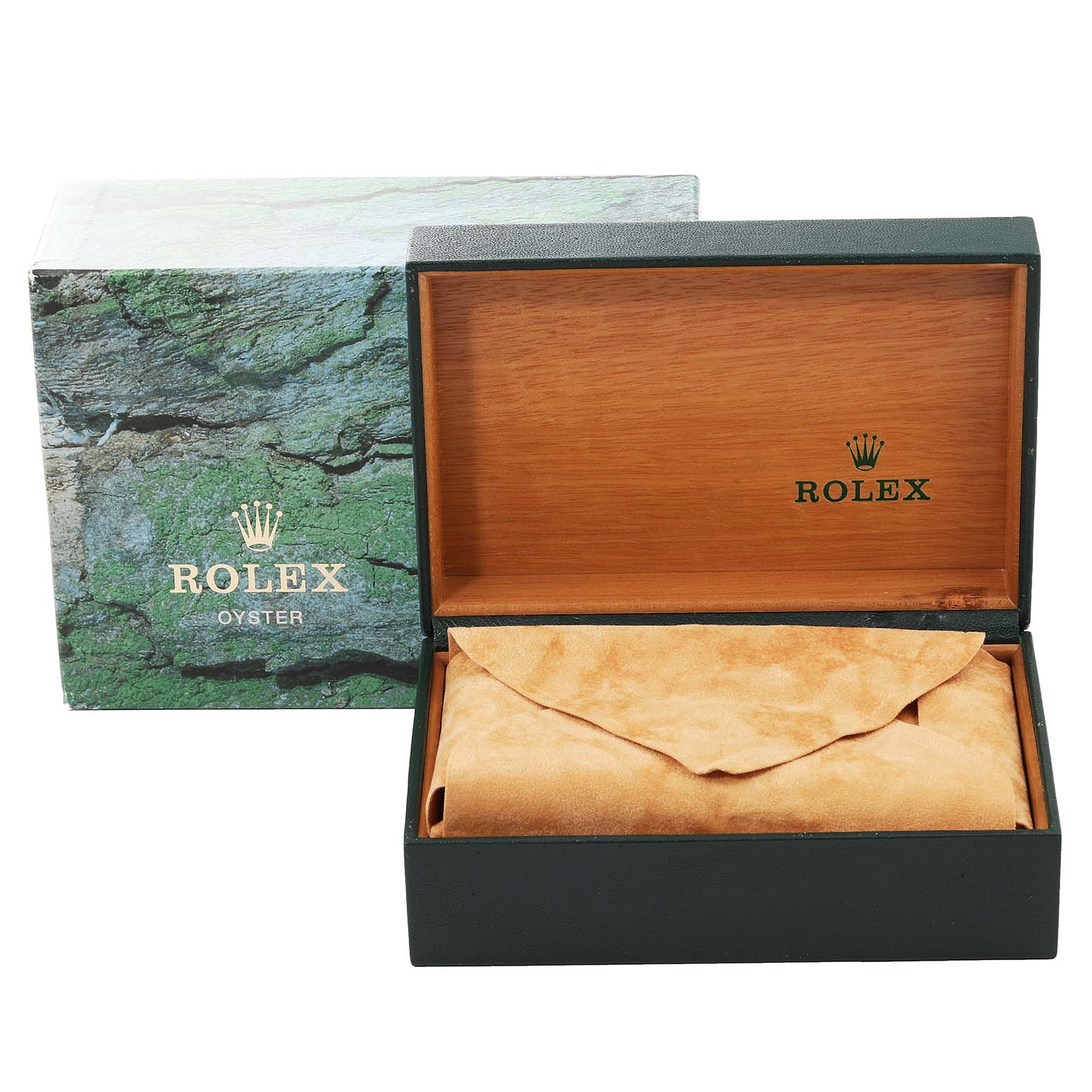 This image shows a Rolex Submariner 16610 Men's Stainless Steel Black Dial 16610 Men's Stainless Steel Black Dial watch's green and wooden box with logo, with a suede pouch inside.