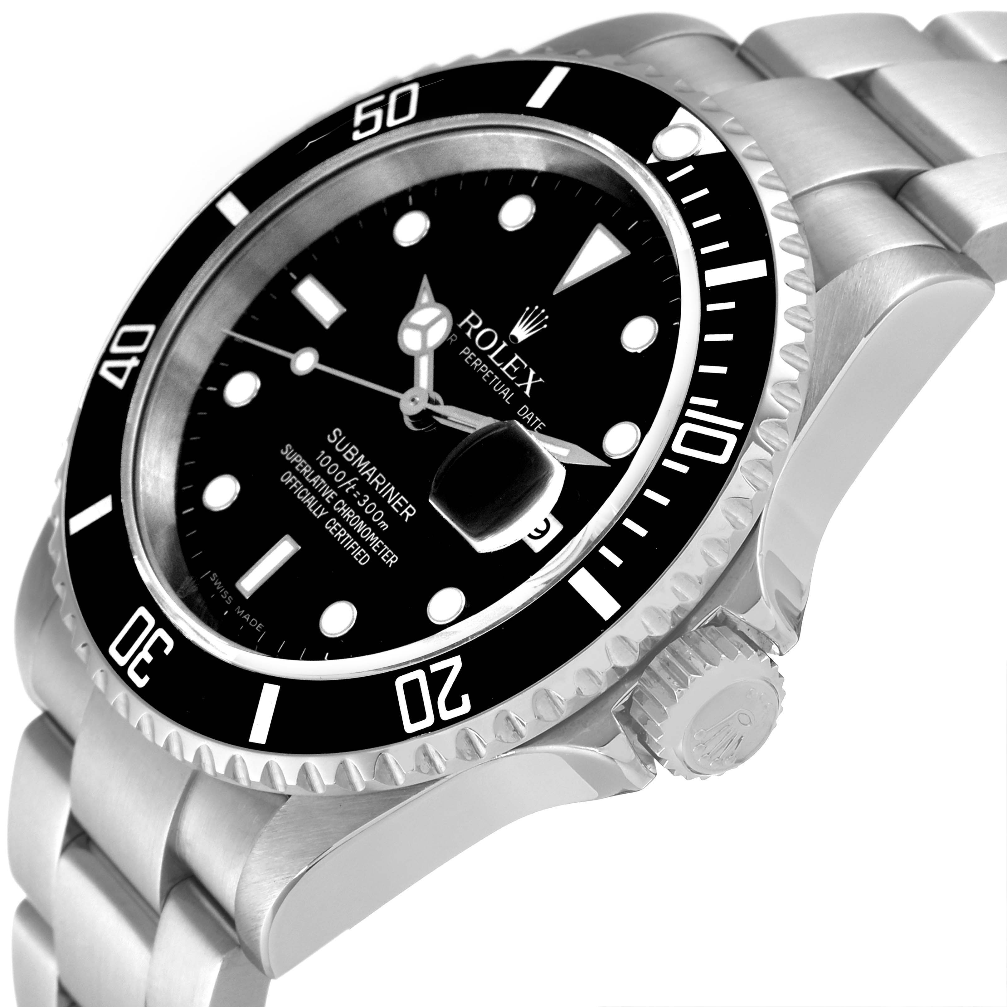 The image shows a close-up angle of the Rolex Submariner 16610 Men's Stainless Steel Black Dial 16610 Men's Stainless Steel Black Dial watch, highlighting the face, bezel, and part of the bracelet.