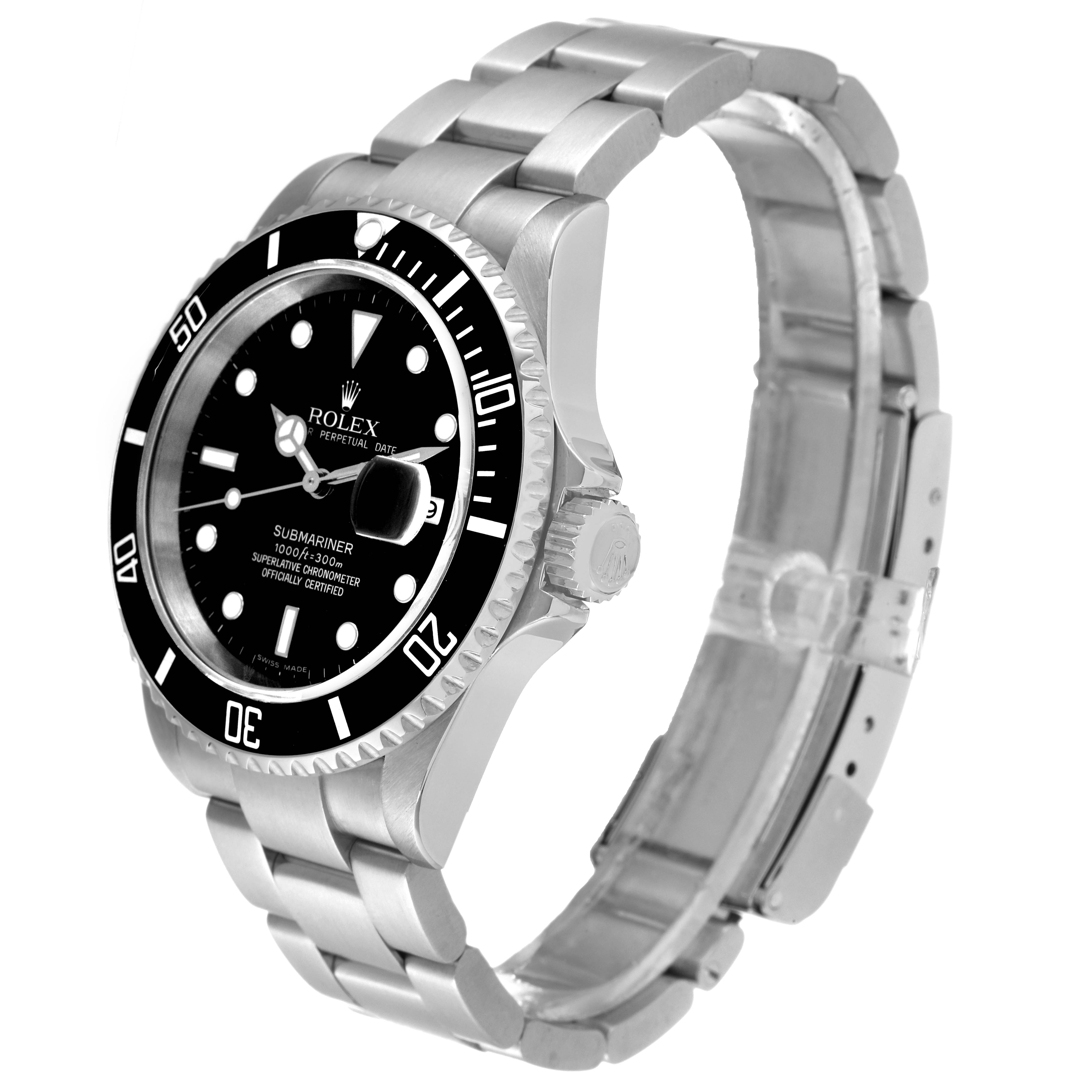 The image shows a side and partially frontal view of the Rolex Submariner 16610 Men's Stainless Steel Black Dial 16610 Men's Stainless Steel Black Dial watch, including the bezel, dial, and bracelet.