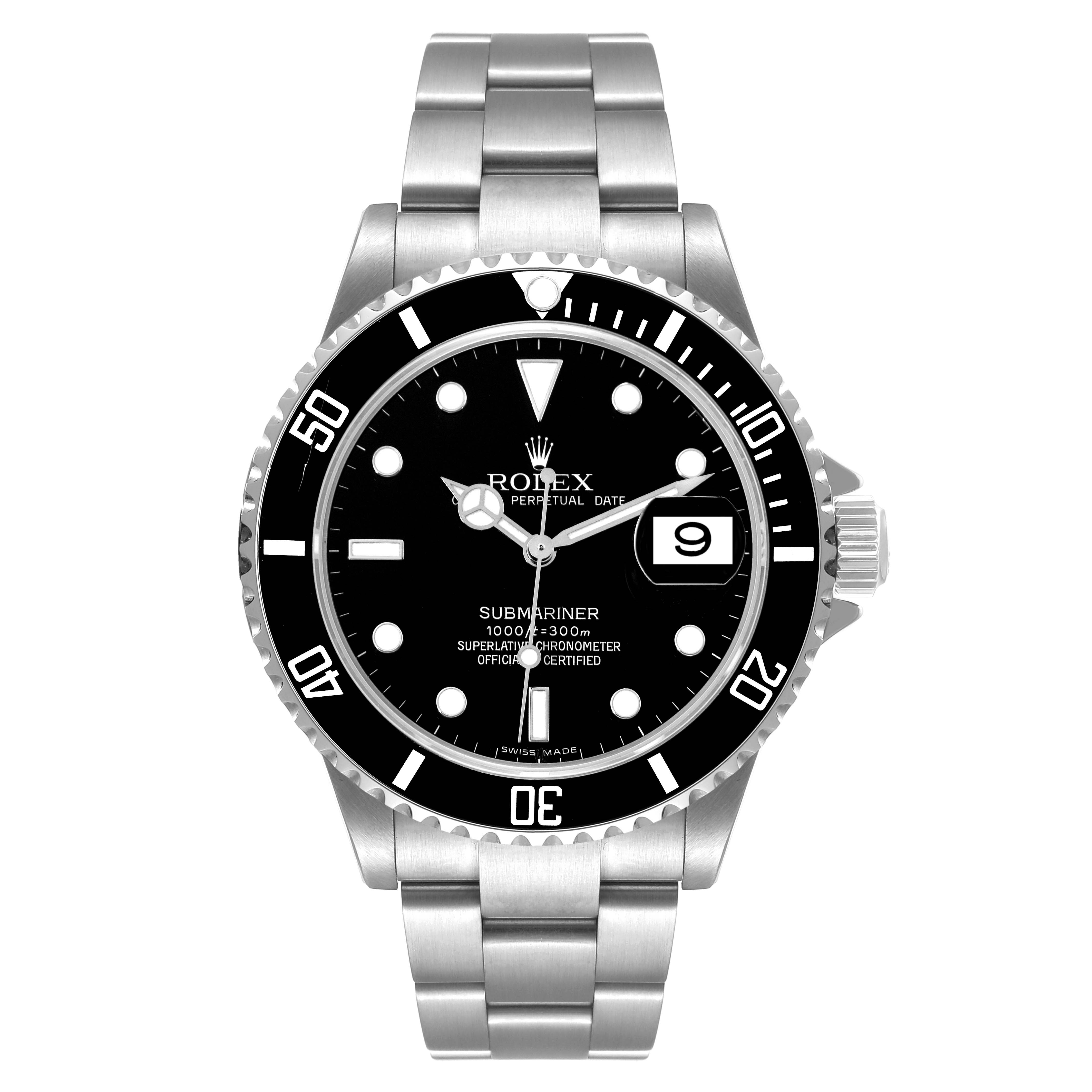 This is a front view of a Rolex Submariner 16610 Men's Stainless Steel Black Dial 16610 Men's Stainless Steel Black Dial watch showing the dial, bezel, bracelet, and crown.