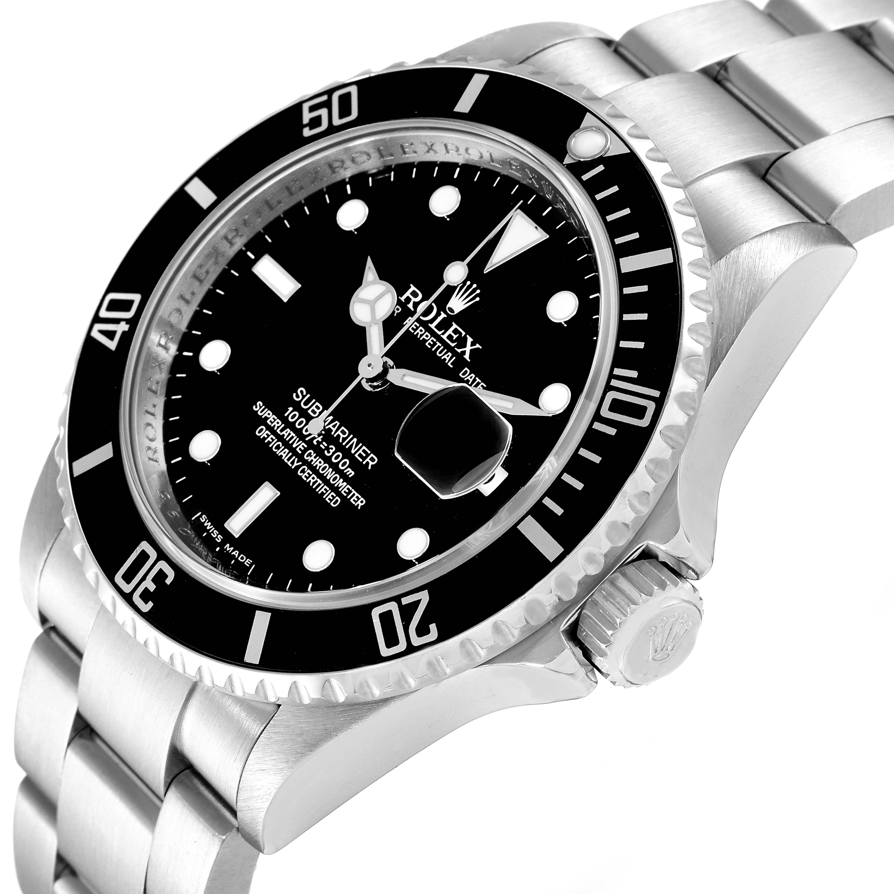 The Rolex Submariner 16610 Men's Stainless Steel Black Dial 16610 Men's Stainless Steel Black Dial watch is shown at an angled close-up, highlighting the dial, bezel, bracelet, and crown.