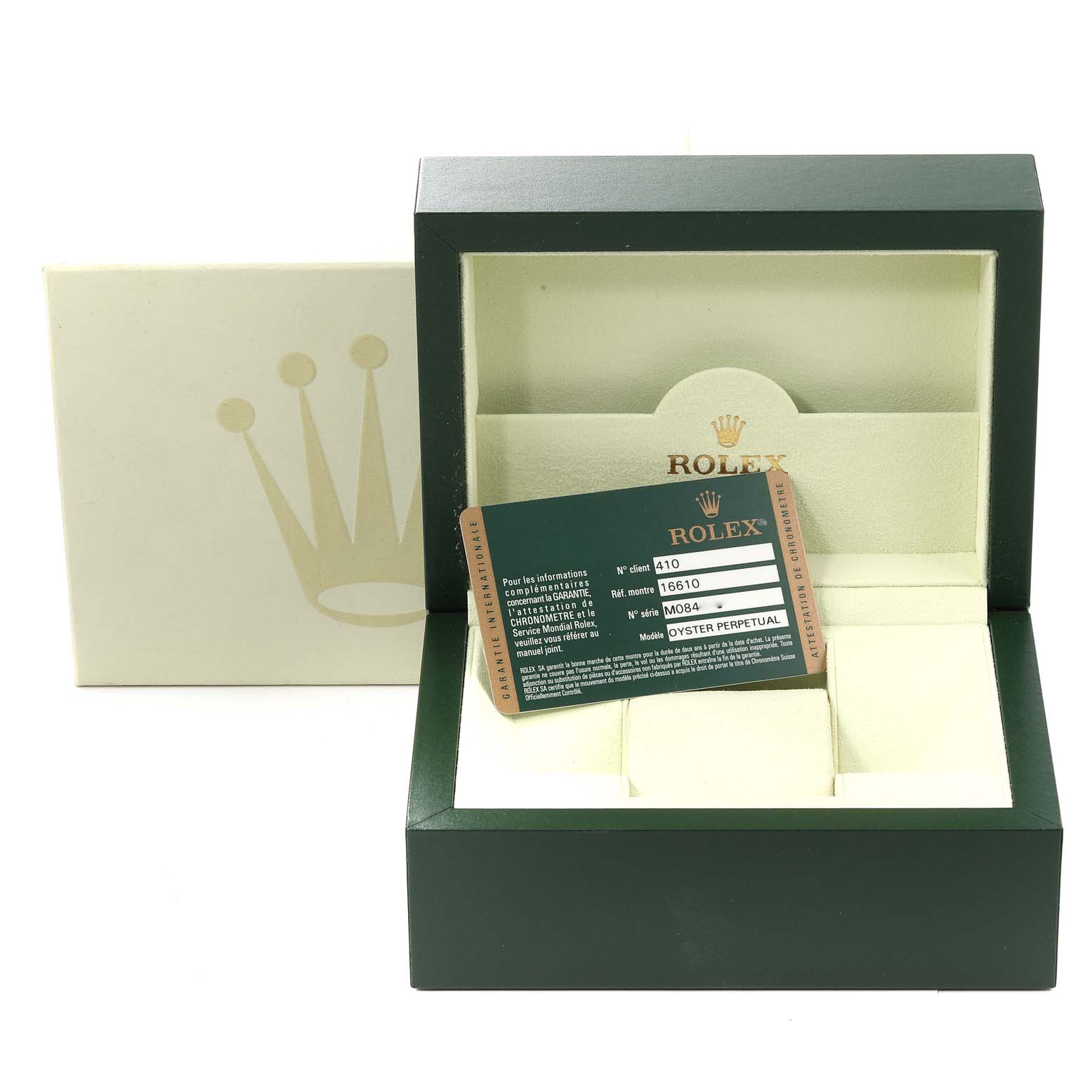 The image shows a Rolex Submariner 16610 Men's Stainless Steel Black Dial 16610 Men's Stainless Steel Black Dial watch box and authenticity card from a front angle.