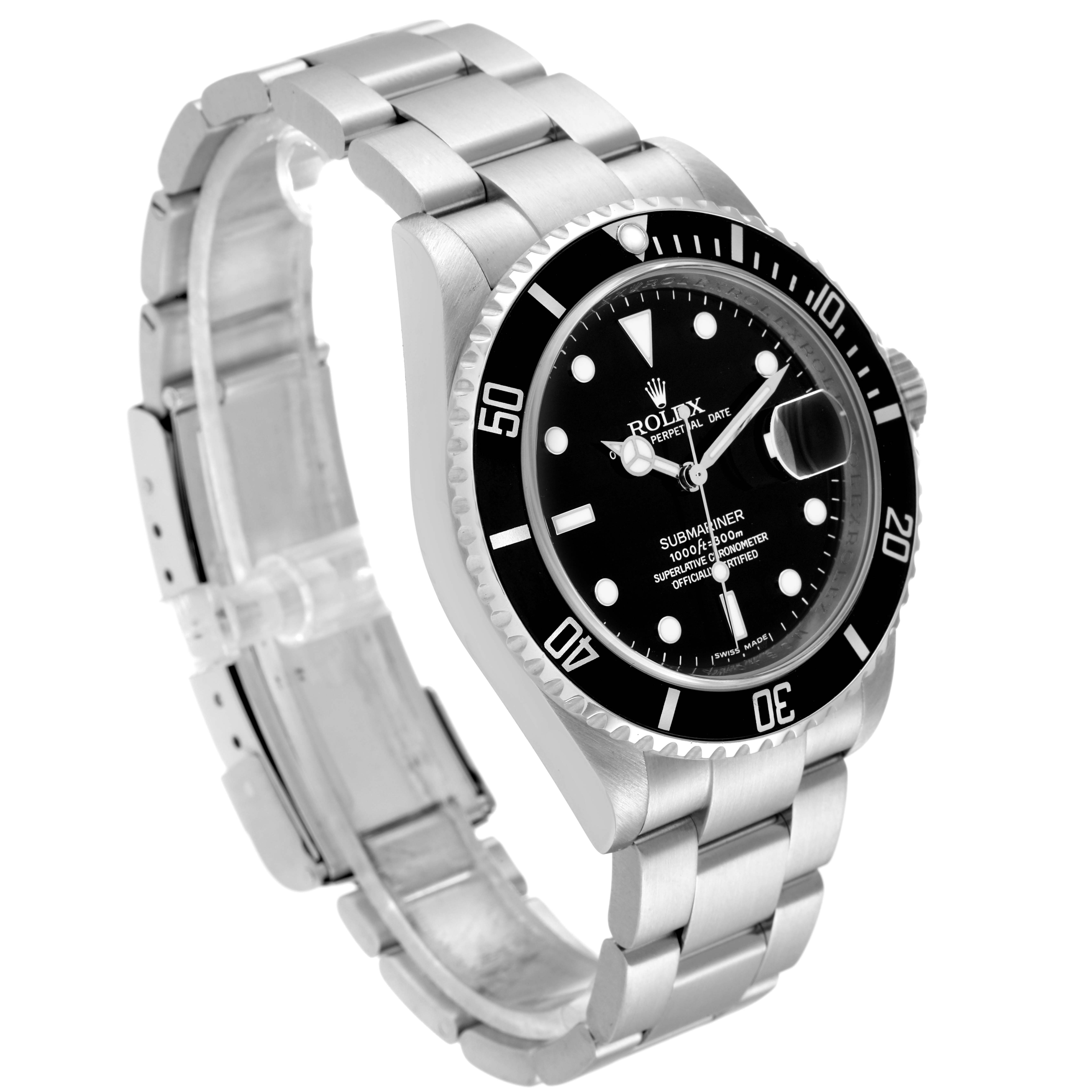 The image shows a Rolex Submariner 16610 Men's Stainless Steel Black Dial 16610 Men's Stainless Steel Black Dial watch at a three-quarter angle, highlighting the face, bezel, and bracelet.
