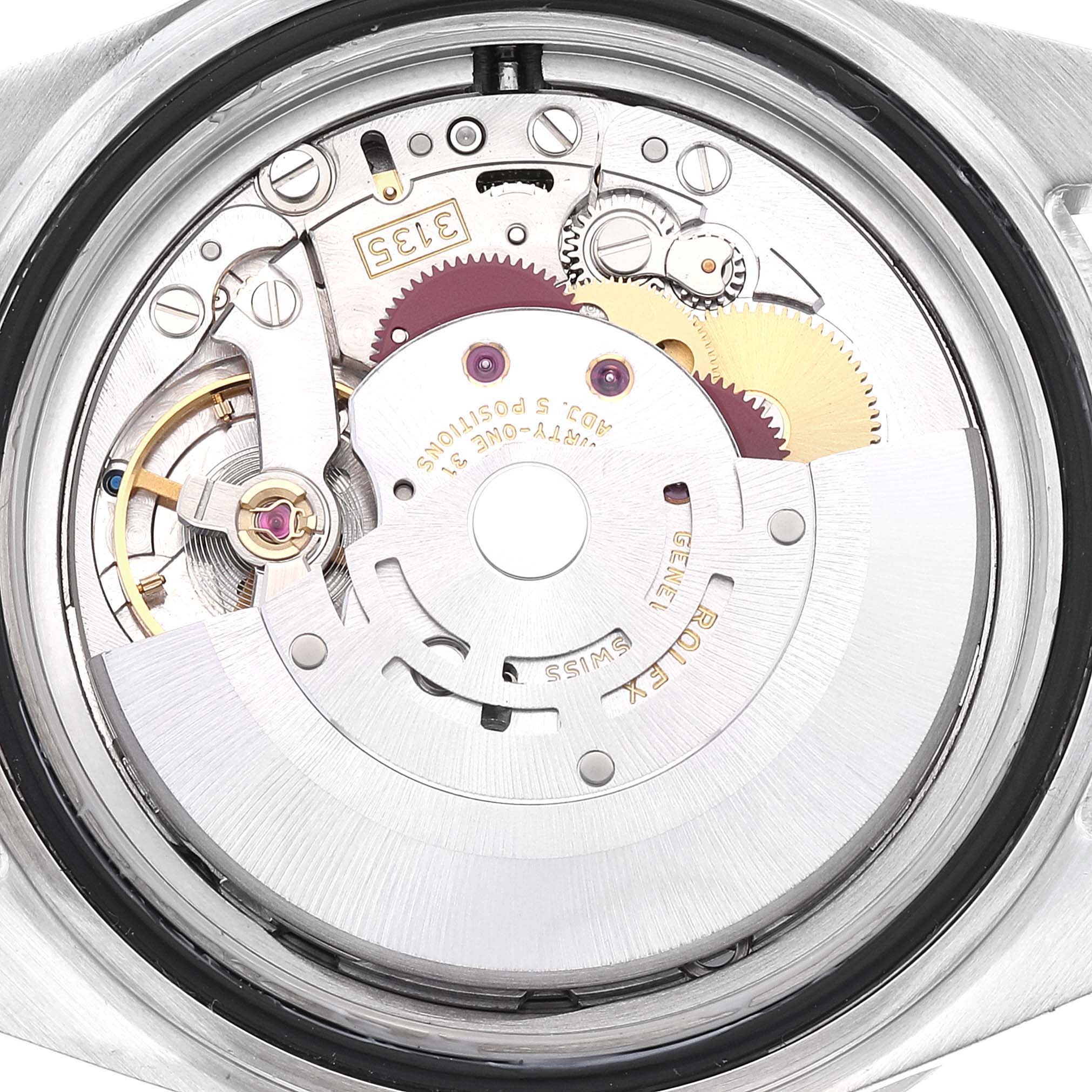 This image shows the intricate internal movement mechanism of the Rolex Submariner 16610 Men's Stainless Steel Black Dial 16610 Men's Stainless Steel Black Dial watch from a rear angle.