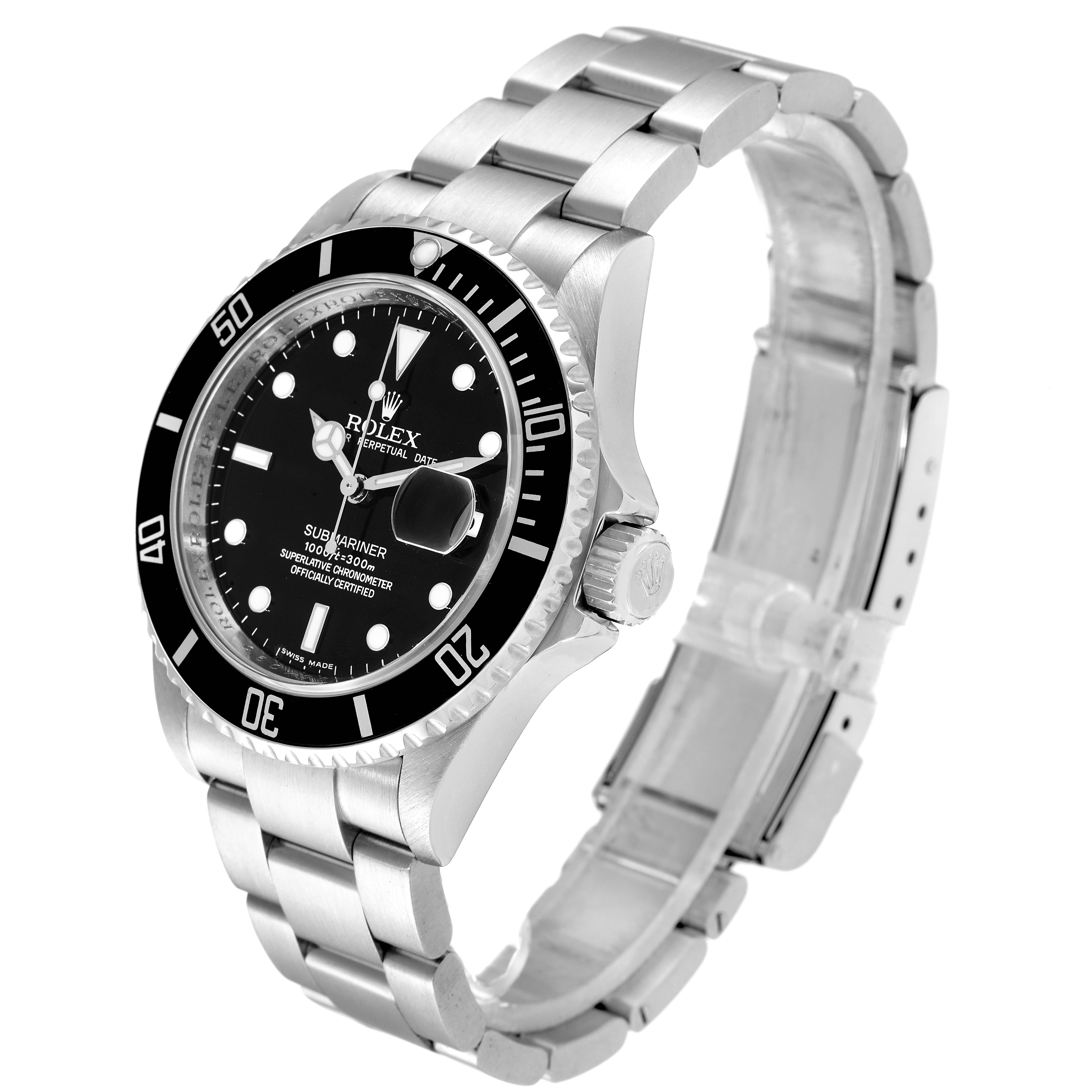 The Rolex Submariner 16610 Men's Stainless Steel Black Dial 16610 Men's Stainless Steel Black Dial watch is shown at a three-quarter angle, highlighting the dial, bezel, crown, and metal bracelet.