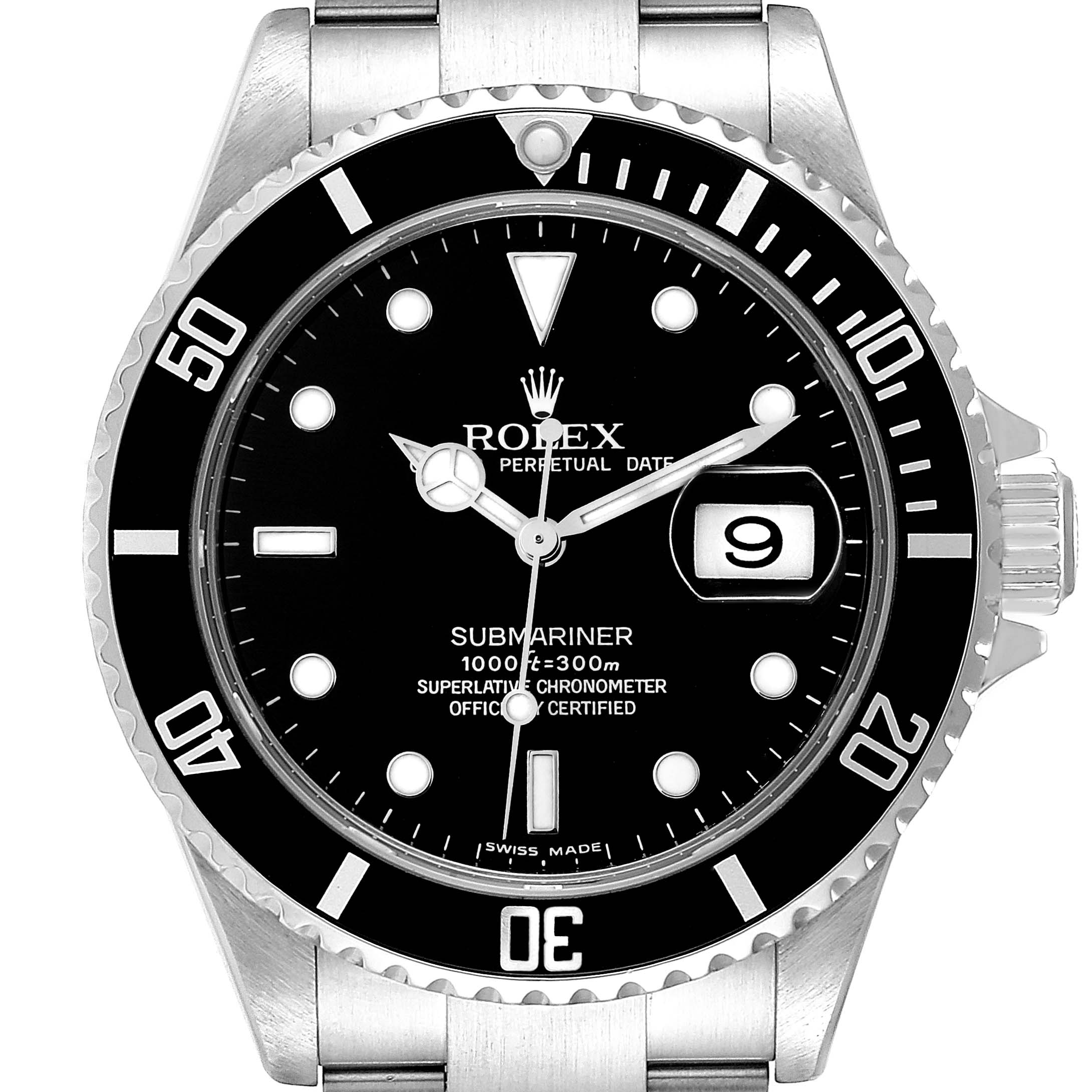 This image shows a front view of a Rolex Submariner 16610 Men's Stainless Steel Black Dial 16610 Men's Stainless Steel Black Dial watch, displaying the dial, bezel, and part of the bracelet.