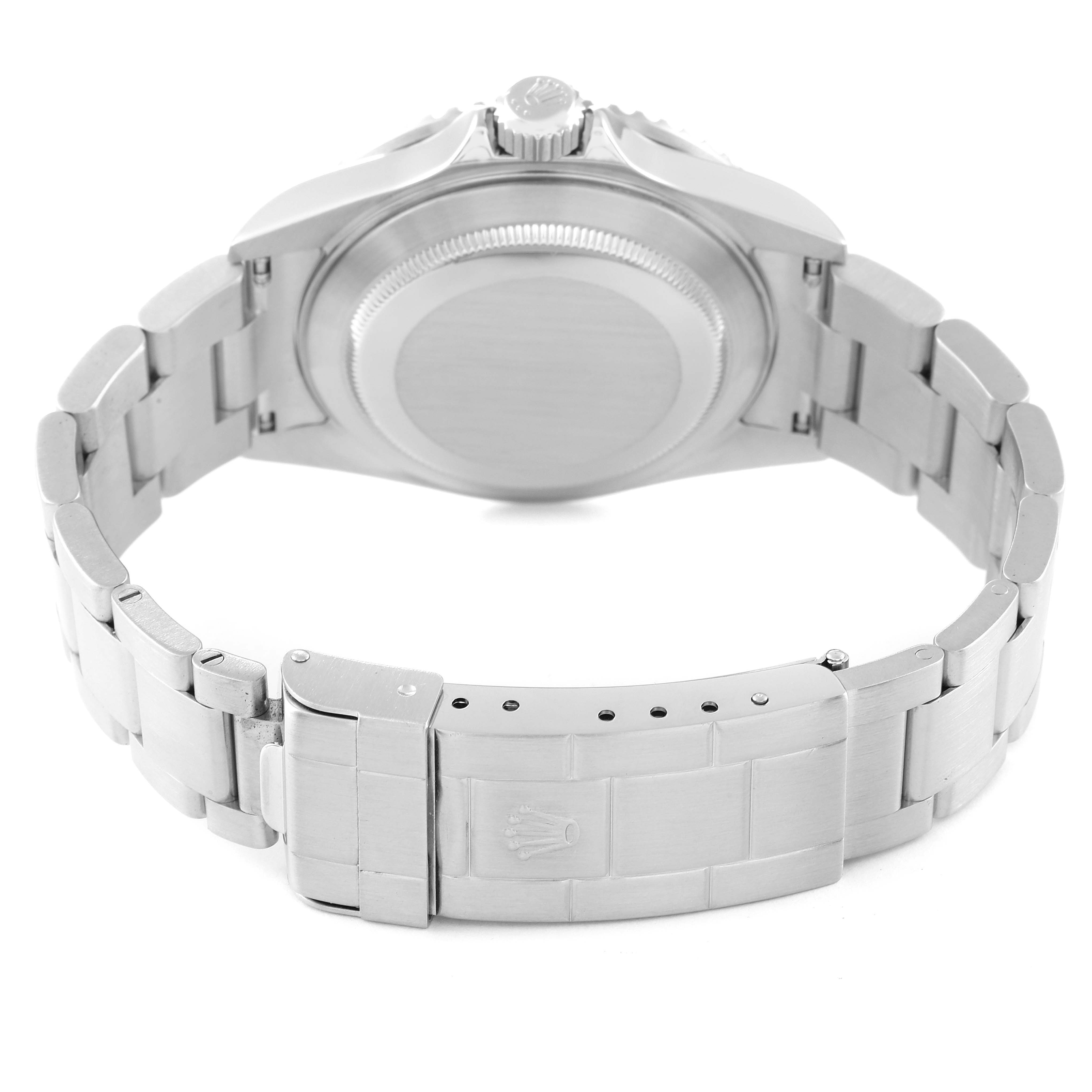 The image shows the back view of a Rolex Submariner 16610 Men's Stainless Steel Black Dial 16610 Men's Stainless Steel Black Dial watch, highlighting its case back and clasp.