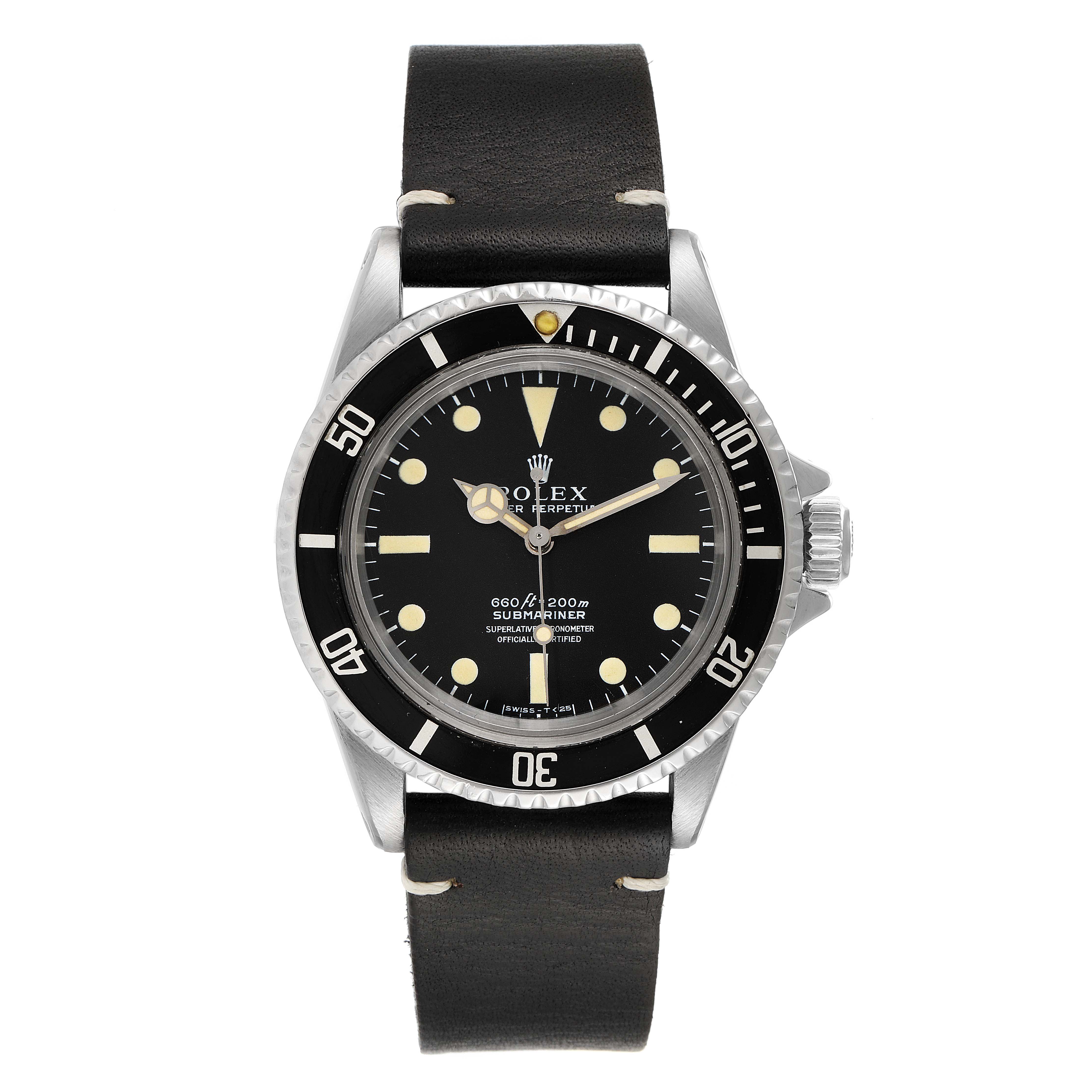 This image shows a front view of a Rolex Vintage Collection 5512 Men's Stainless Steel Black Dial 5512 Men's Stainless Steel Black Dial Submariner watch with a black dial and leather strap.