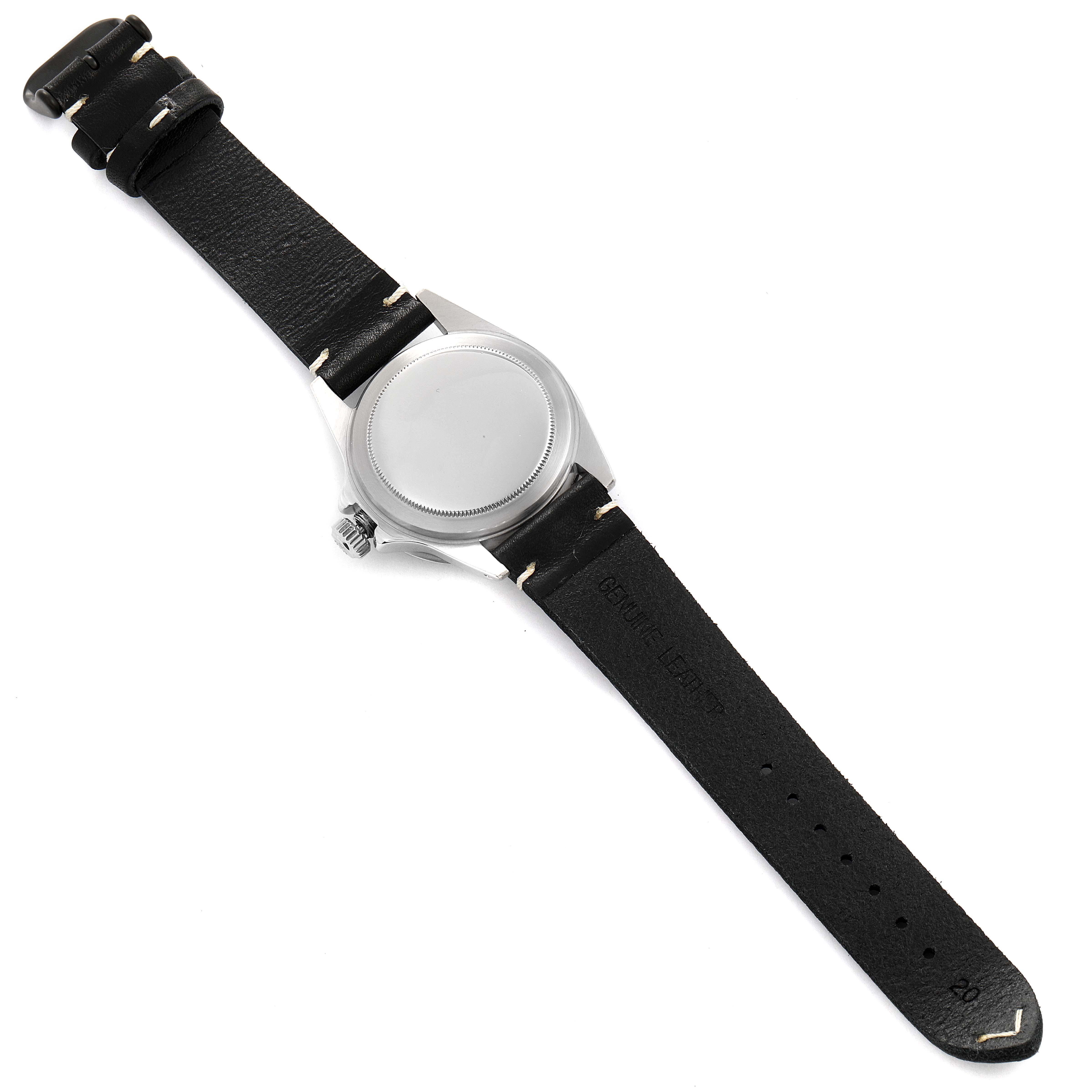 The image shows the back view of a Rolex Vintage Collection 5512 Men's Stainless Steel Black Dial 5512 Men's Stainless Steel Black Dial watch displaying the case back and black leather strap.