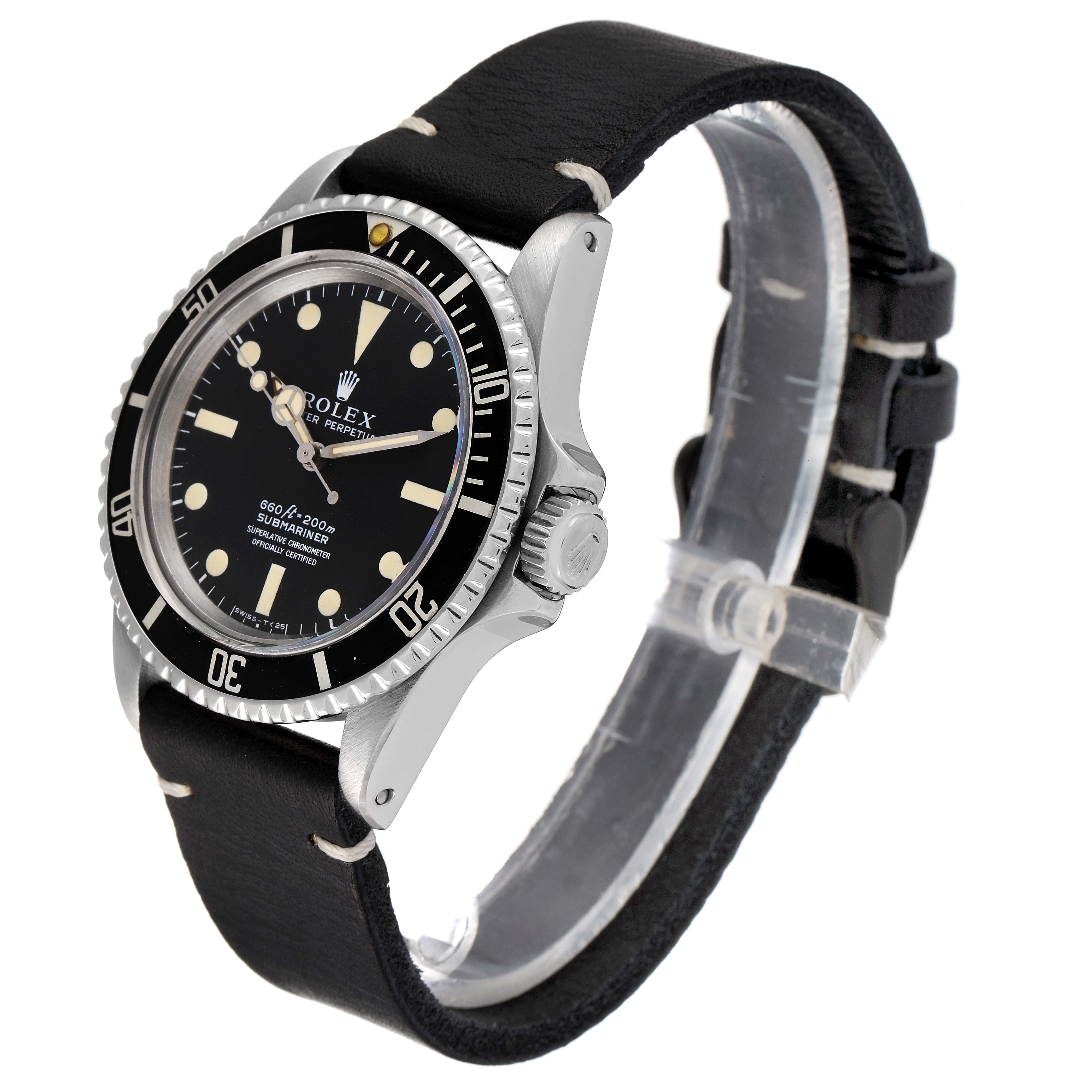 The Rolex Vintage Collection 5512 Men's Stainless Steel Black Dial 5512 Men's Stainless Steel Black Dial model watch is shown at a slight angle, displaying its black dial, bezel, and leather strap.