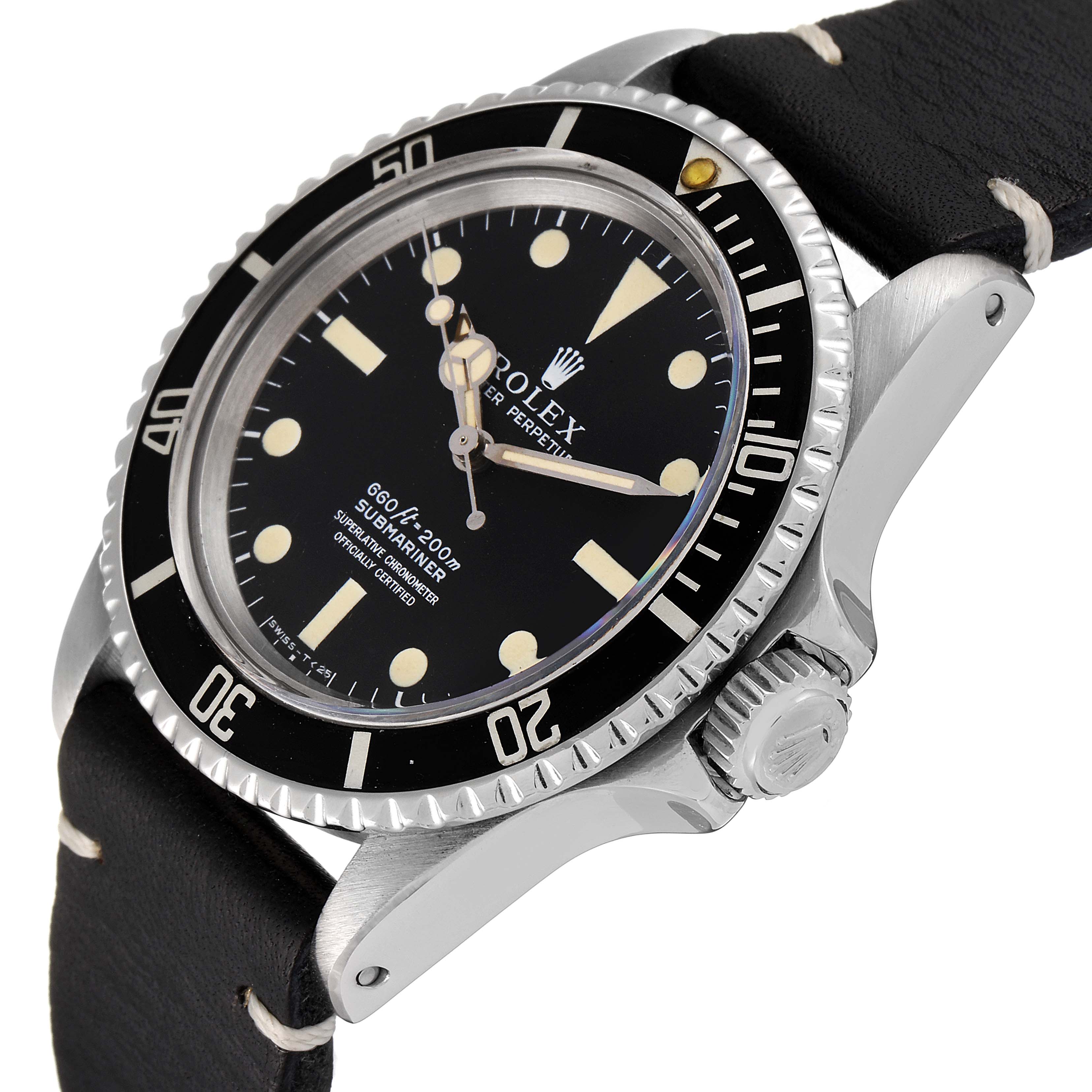 The image shows a close-up, angled view of a Rolex Vintage Collection 5512 Men's Stainless Steel Black Dial 5512 Men's Stainless Steel Black Dial watch, highlighting its bezel, dial, and black leather strap.