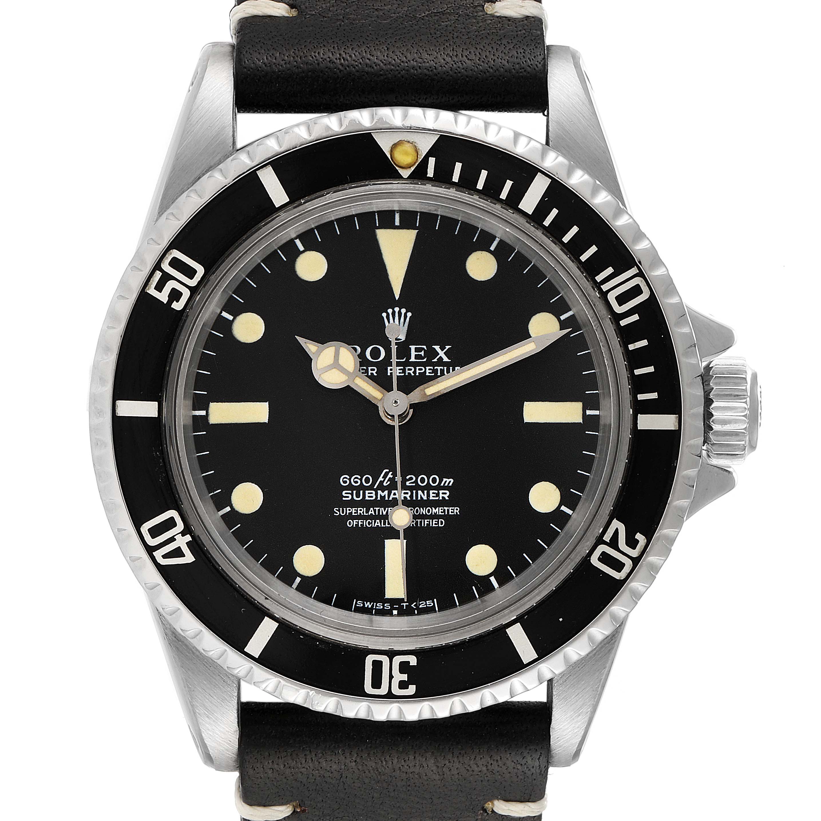 The image shows a front view of a Rolex Vintage Collection 5512 Men's Stainless Steel Black Dial 5512 Men's Stainless Steel Black Dial Submariner watch, highlighting the dial, bezel, and strap.
