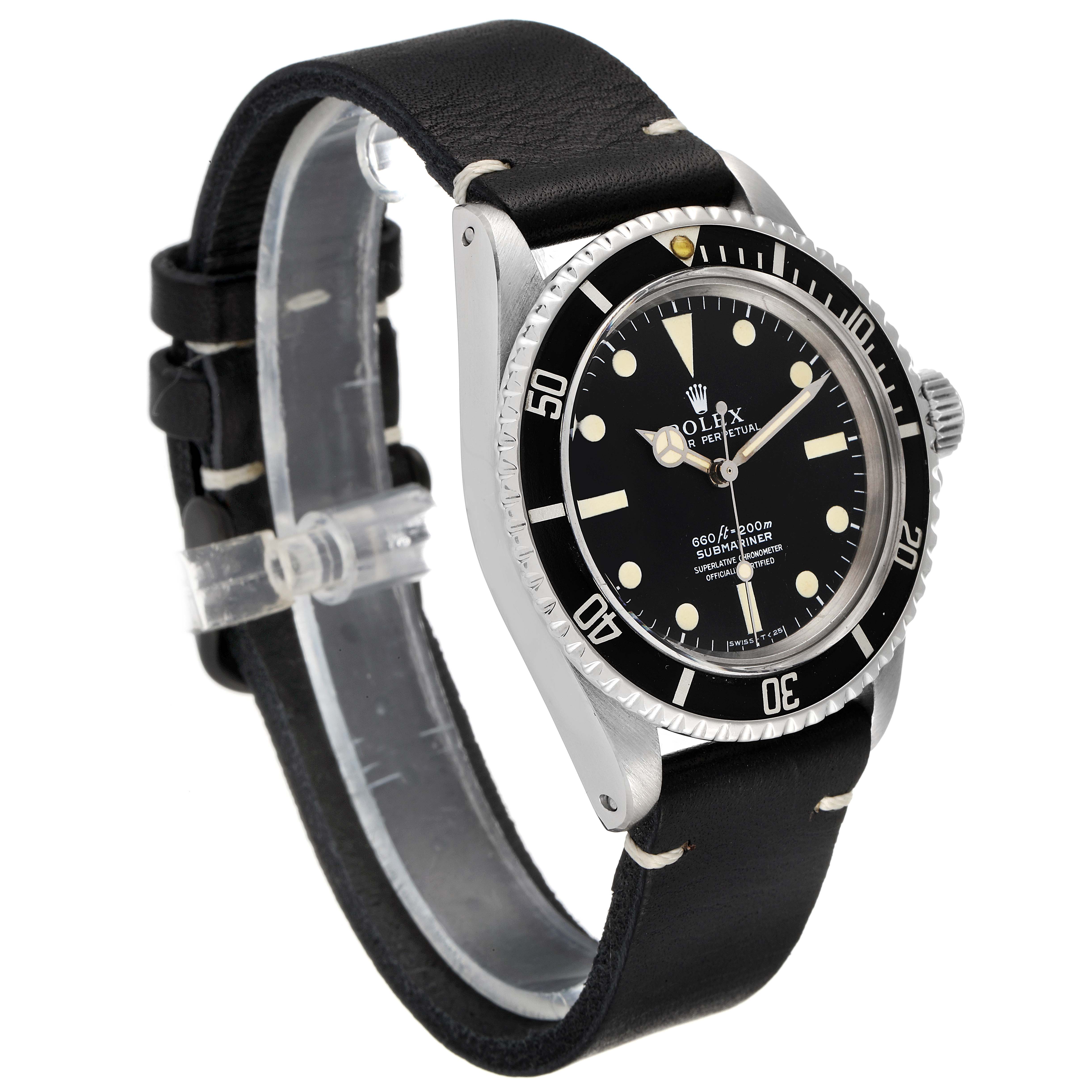 The image shows a side angle of the Rolex Vintage Collection 5512 Men's Stainless Steel Black Dial 5512 Men's Stainless Steel Black Dial watch, focusing on the black dial and leather strap.