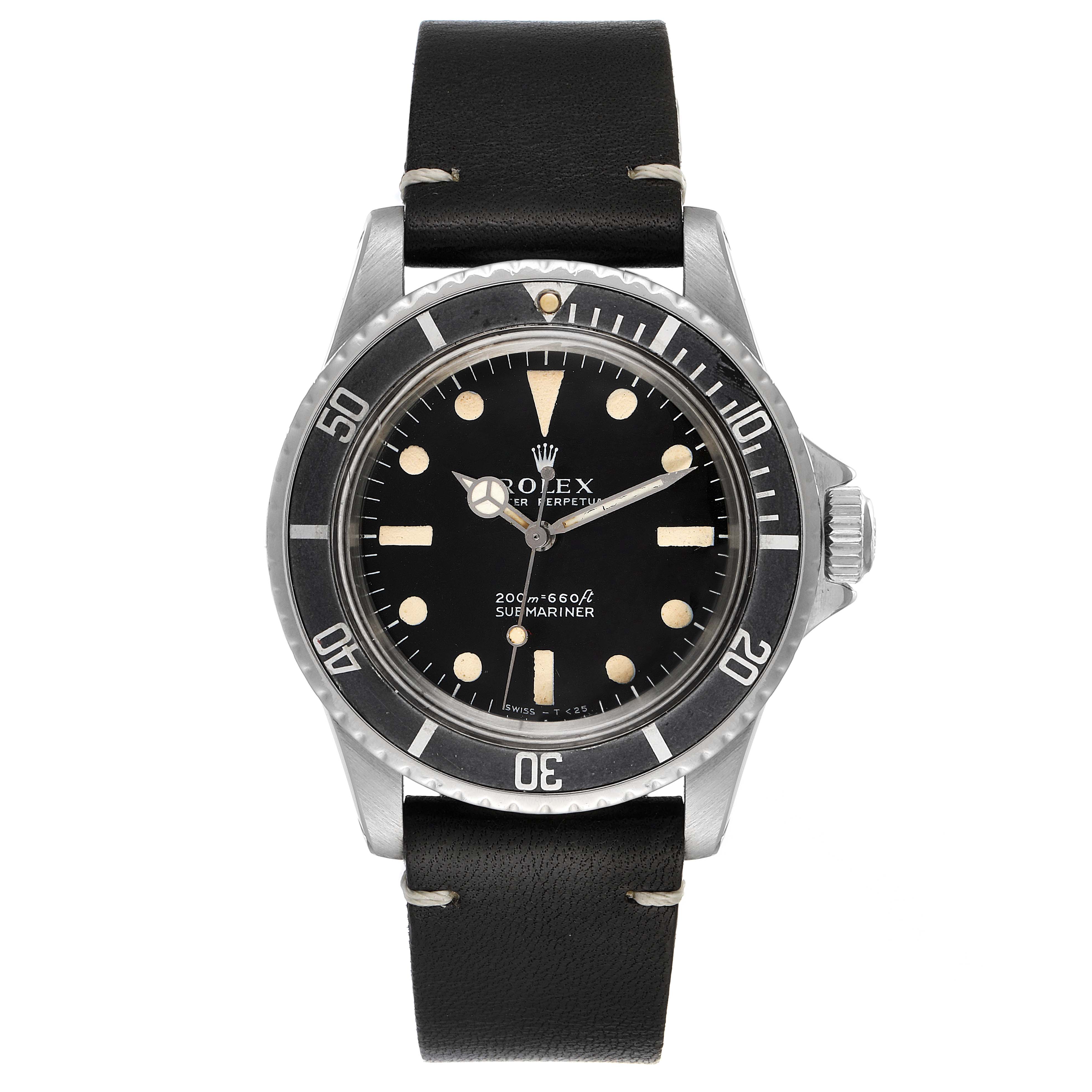 The Rolex Vintage Collection 5513 Men's Stainless Steel Black Dial 5513 Men's Stainless Steel Black Dial Submariner watch is shown from a top-down angle, highlighting its face, bezel, case, and leather strap.