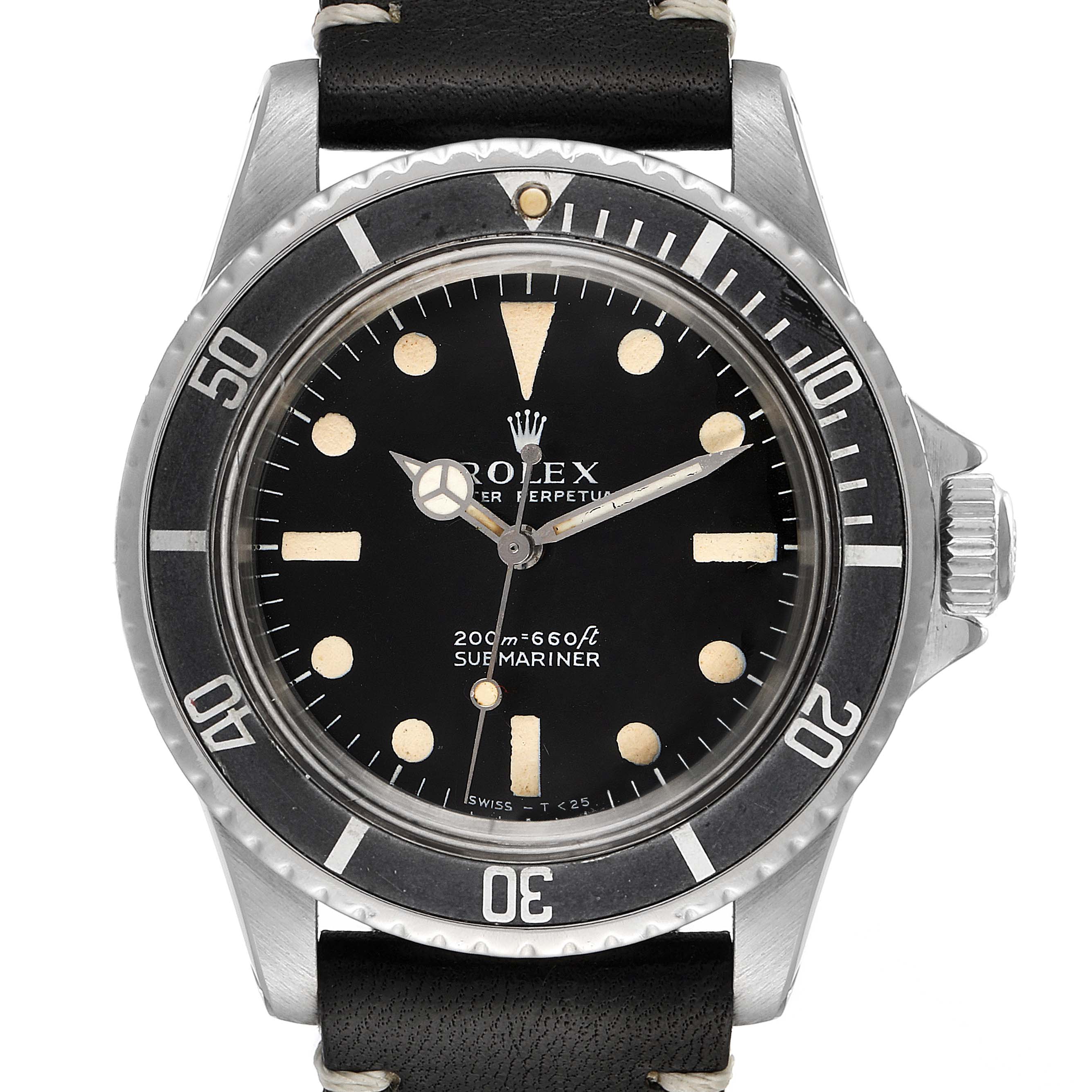 The image shows a front view of the dial, bezel, and crown of the Rolex Vintage Collection 5513 Men's Stainless Steel Black Dial 5513 Men's Stainless Steel Black Dial Submariner watch.