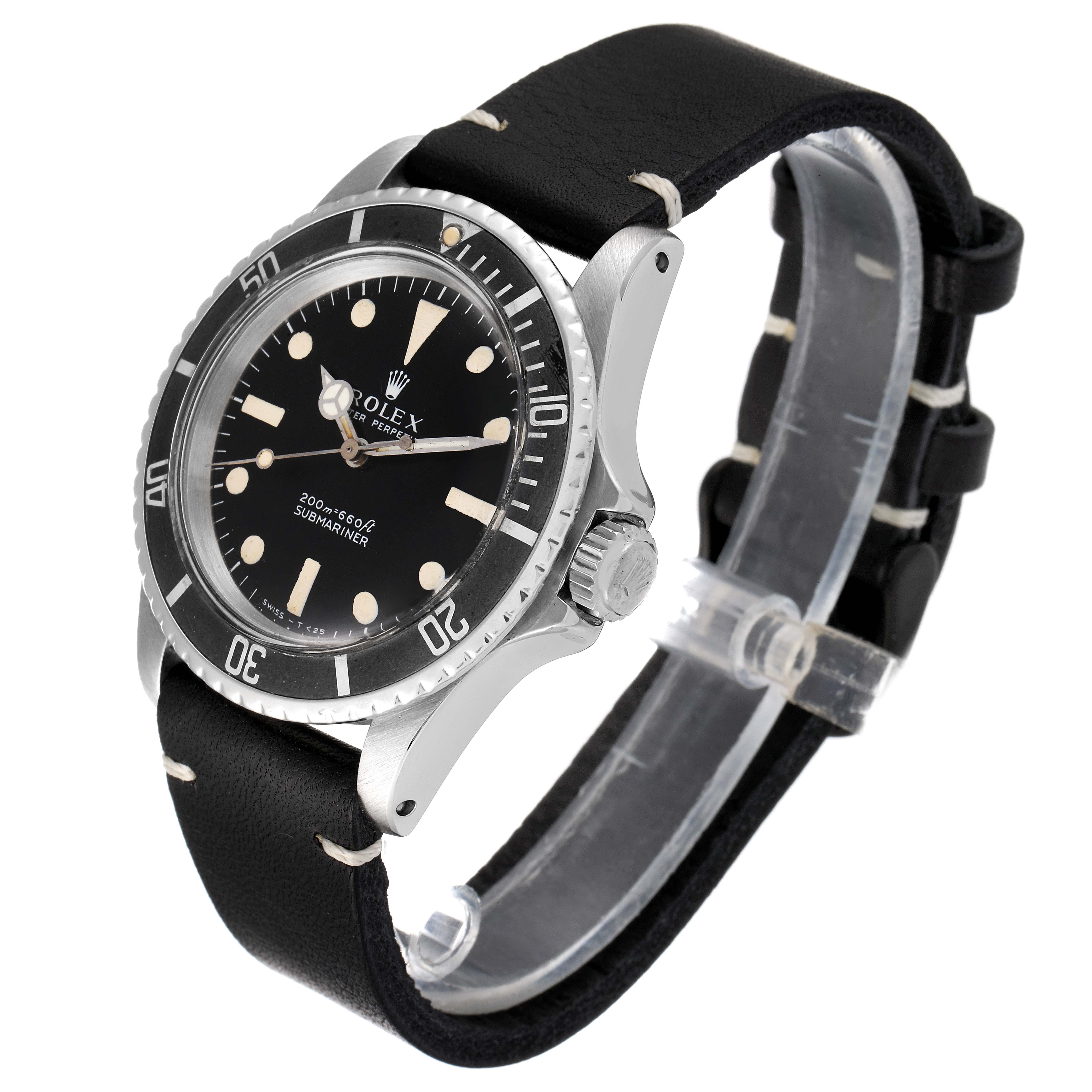 The image shows a Rolex Vintage Collection 5513 Men's Stainless Steel Black Dial 5513 Men's Stainless Steel Black Dial model watch at a three-quarter angle, highlighting the bezel, dial, crown, and leather strap.