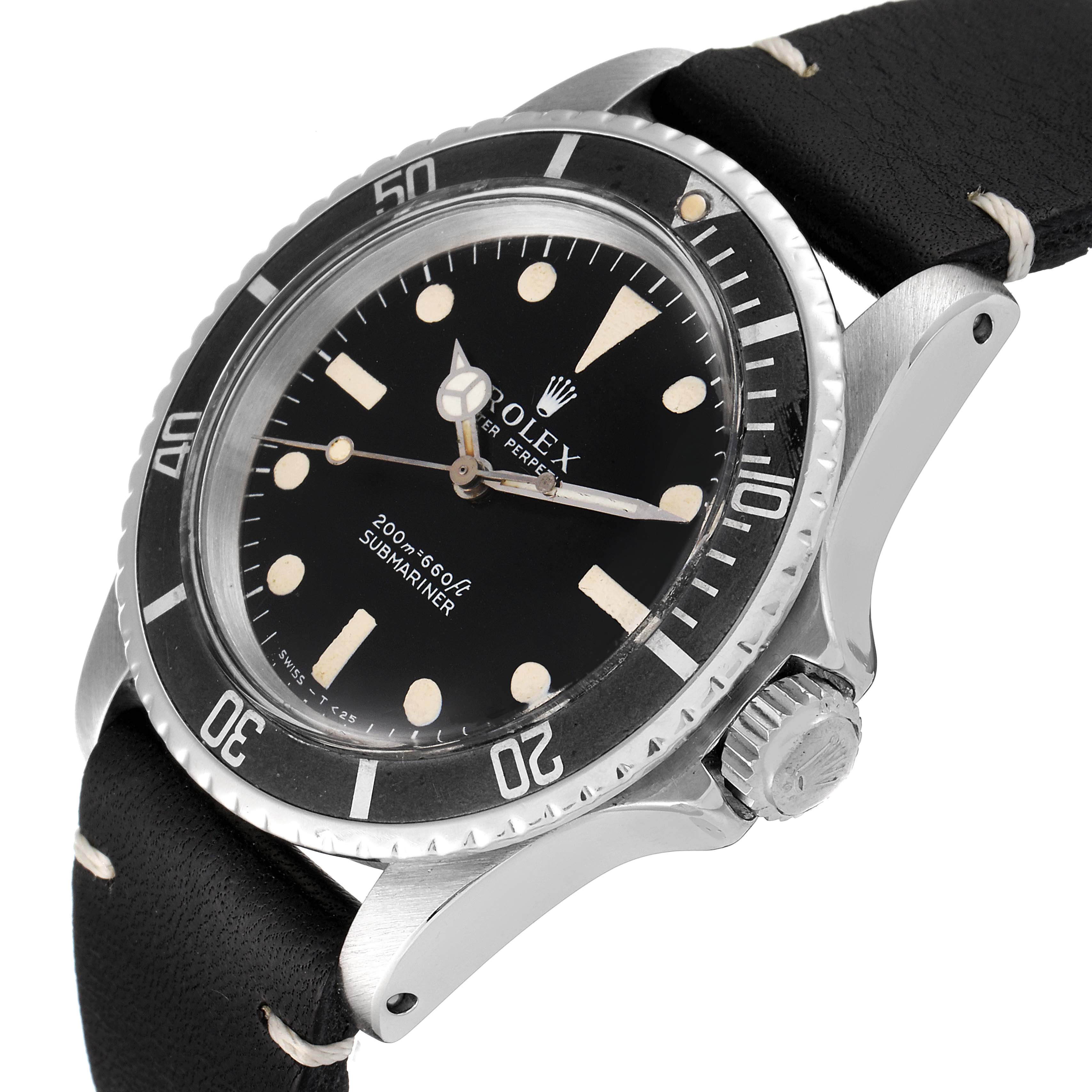 The image shows an angled view of the Rolex Vintage Collection 5513 Men's Stainless Steel Black Dial 5513 Men's Stainless Steel Black Dial Submariner, highlighting the bezel, dial, and crown.