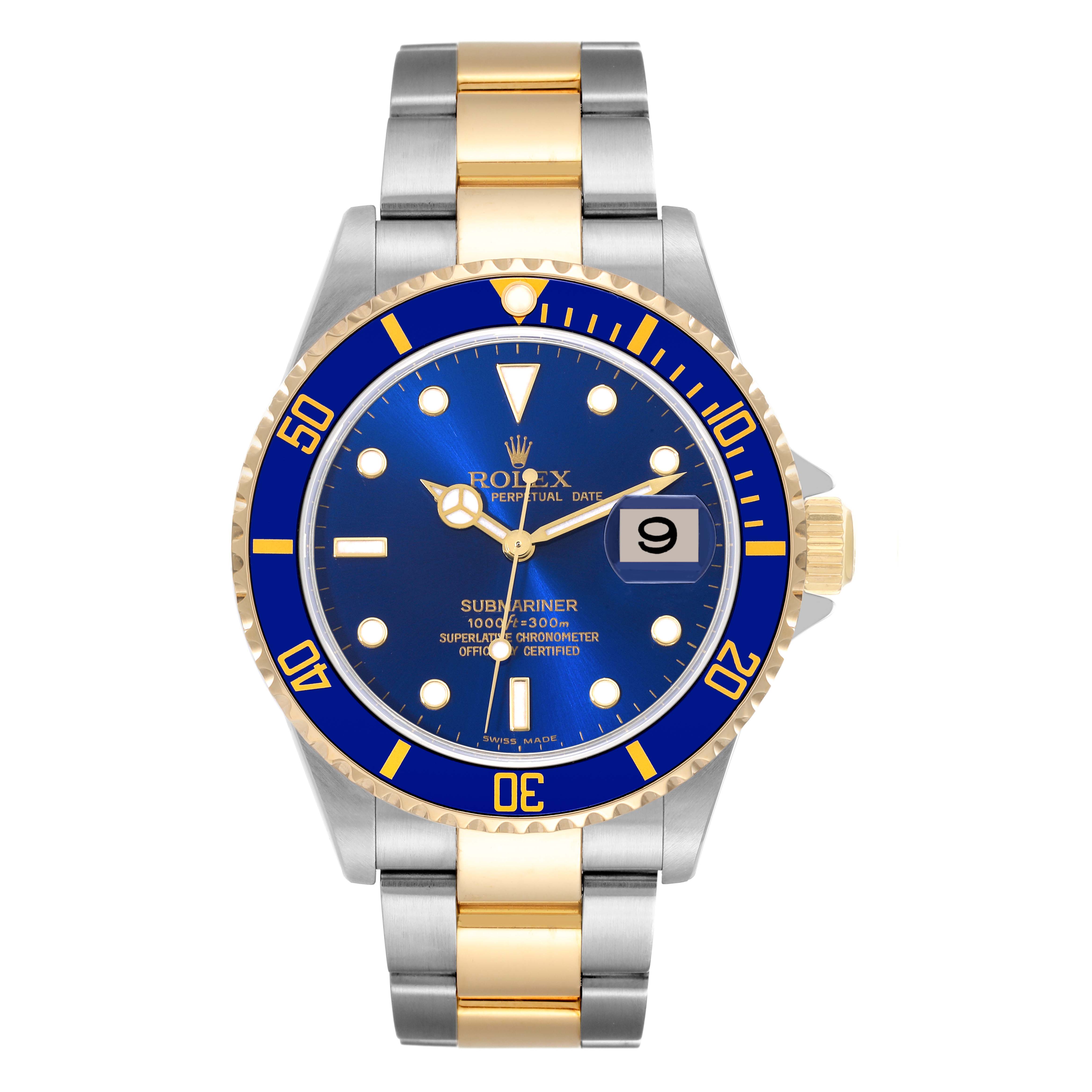 The image shows a front view of a Rolex Submariner 16613 Men
s Stainless Steel Blue Dial 16613 Men
s Stainless Steel Blue Dial watch with a blue dial, a two-tone bracelet, and a date window.