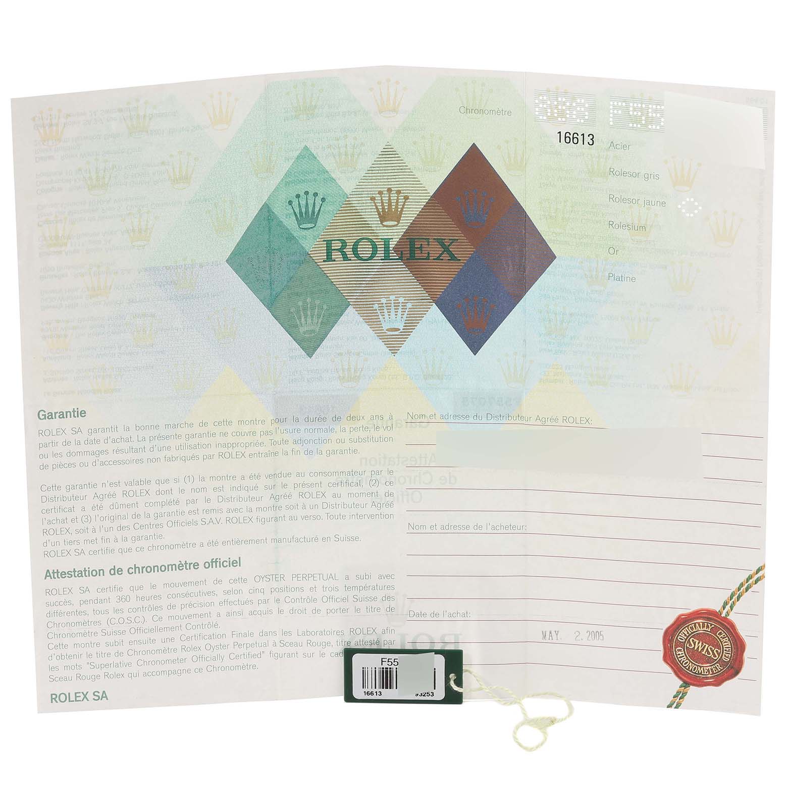 This is an image of the warranty card and official chronometer certificate for a Rolex Submariner 16613 Men
s Stainless Steel Blue Dial 16613 Men
s Stainless Steel Blue Dial model.