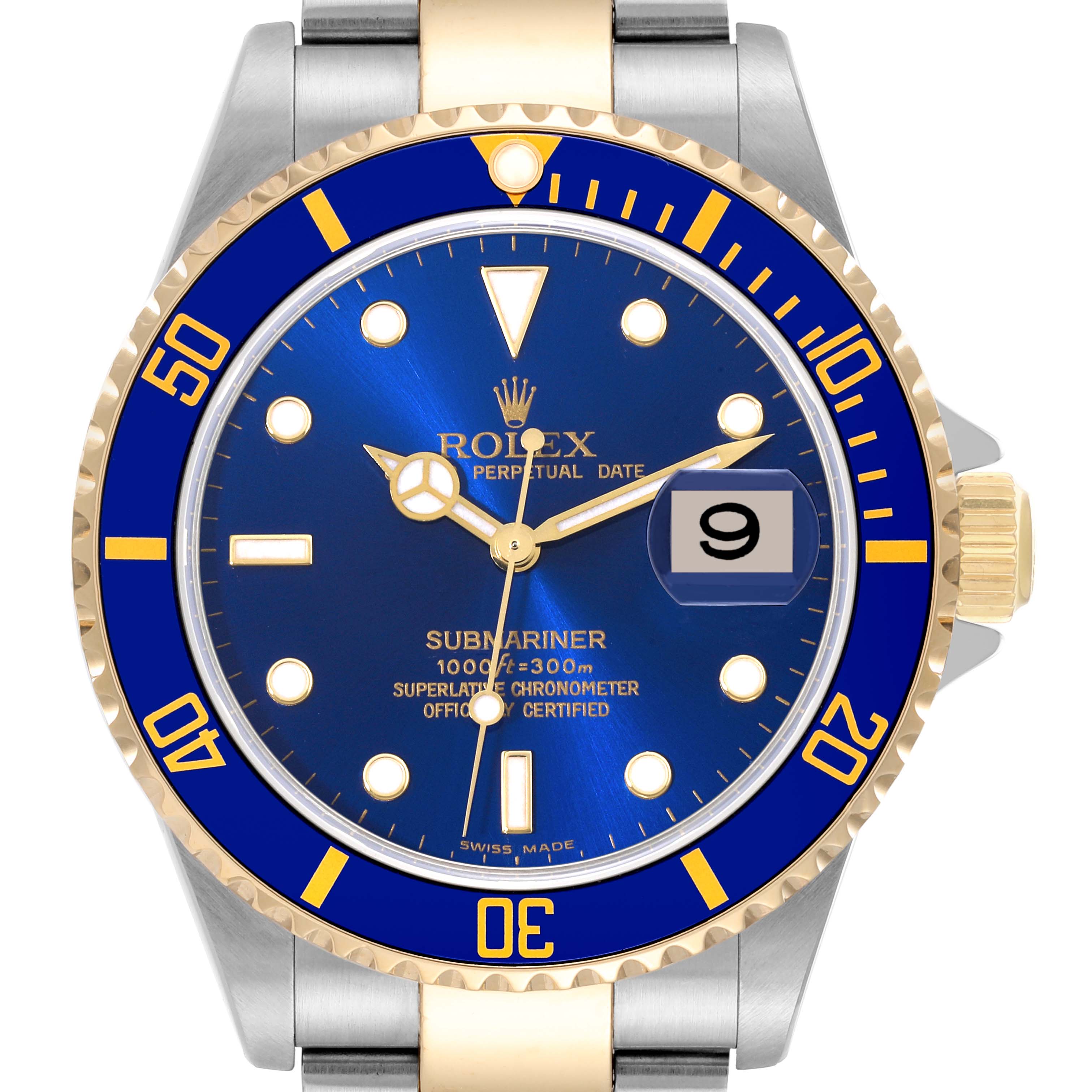 The image shows a frontal view of a Rolex Submariner 16613 Men
s Stainless Steel Blue Dial 16613 Men
s Stainless Steel Blue Dial watch featuring a blue dial, date window, and two-tone bracelet.