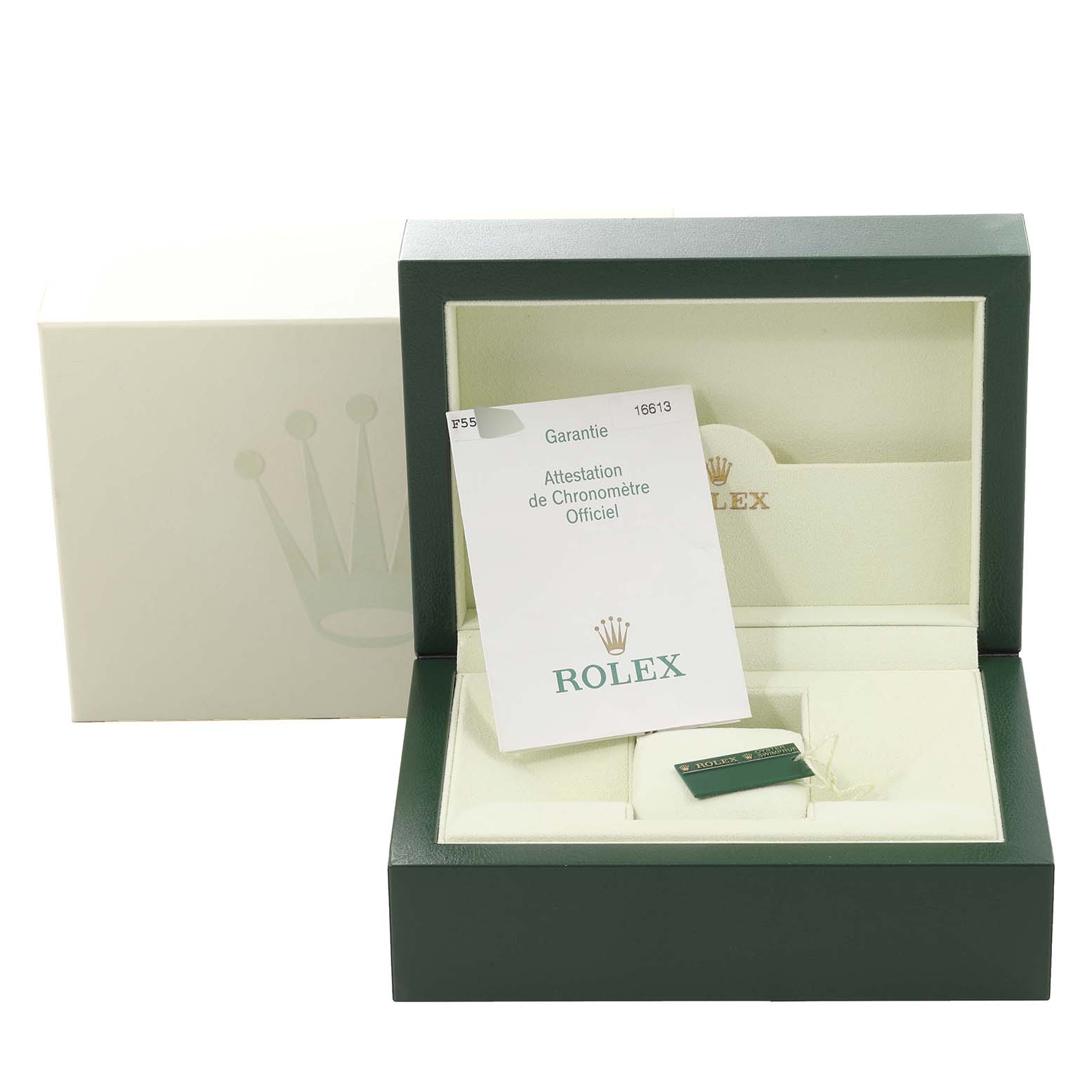 The image shows a green Rolex Submariner 16613 Men
s Stainless Steel Blue Dial 16613 Men
s Stainless Steel Blue Dial watch box open, with a warranty card and accessories inside.