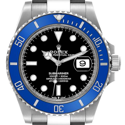 The image shows a front view of a Rolex Submariner watch, displaying its blue bezel, black dial, and date window.