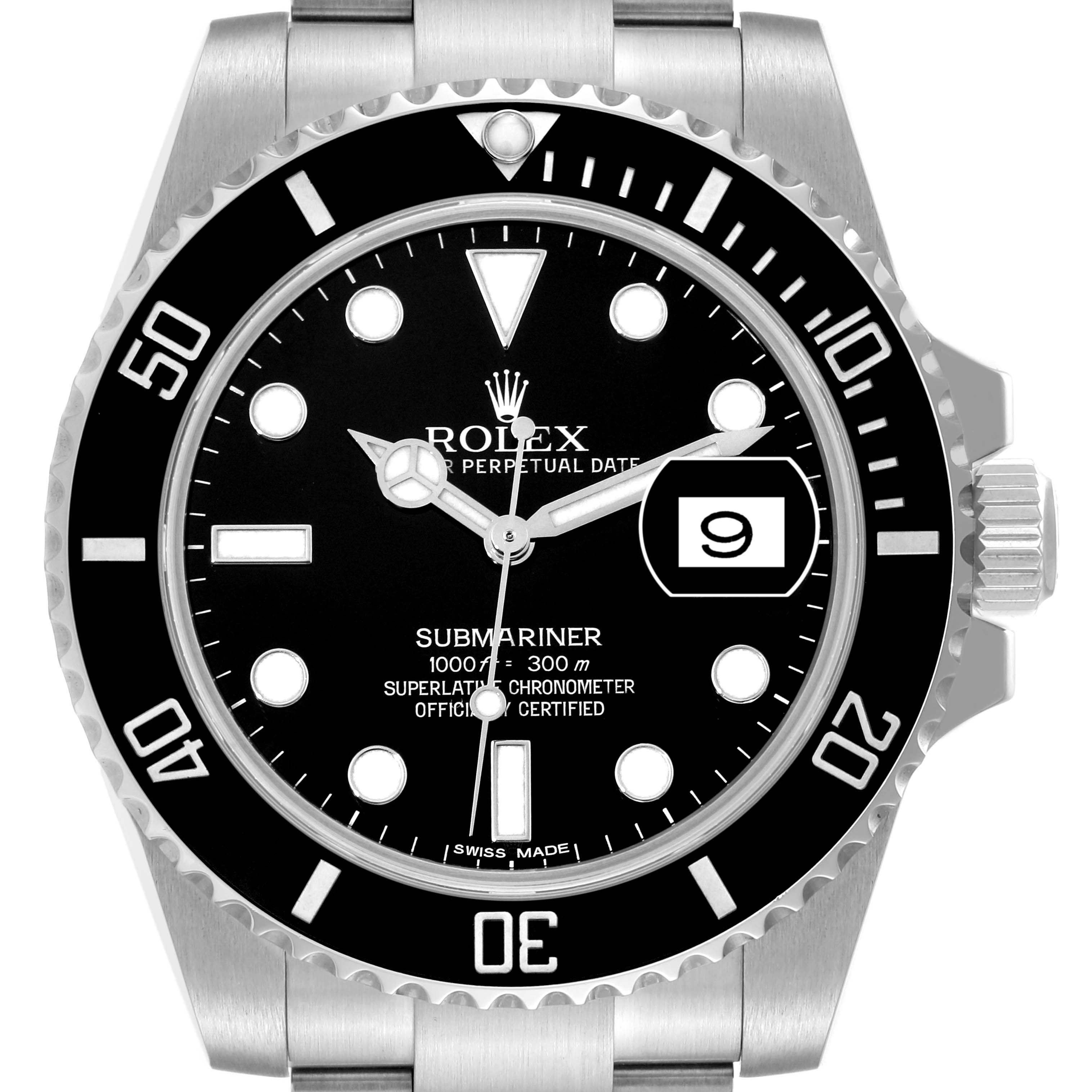This image shows a front-facing view of a Rolex Submariner 116610 Men
s Stainless Steel Black Dial 116610 Men
s Stainless Steel Black Dial, displaying its dial, bezel, and part of the bracelet.