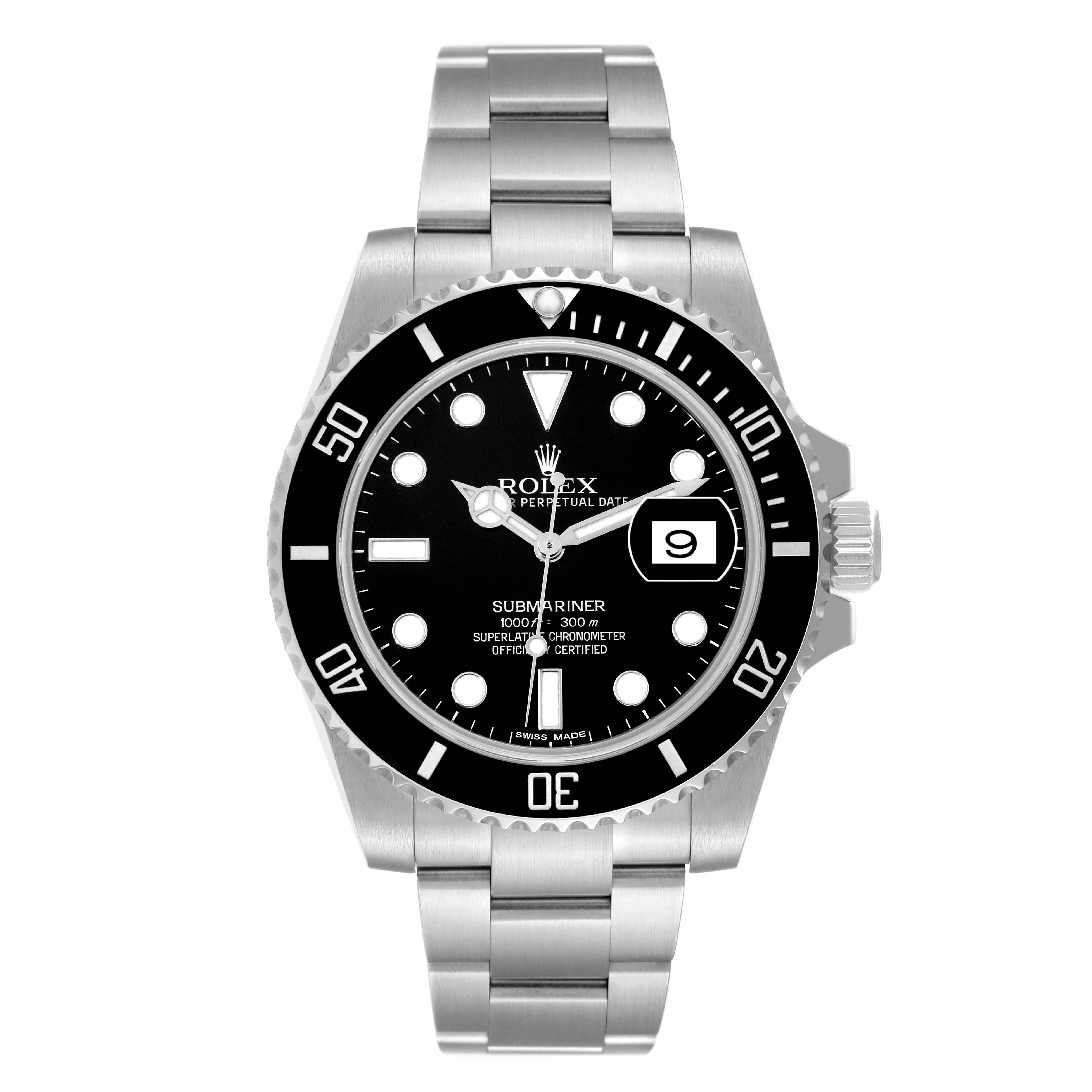 The image shows a front view of a Rolex Submariner 116610 Men
s Stainless Steel Black Dial 116610 Men
s Stainless Steel Black Dial, highlighting its dial, bezel, and bracelet.