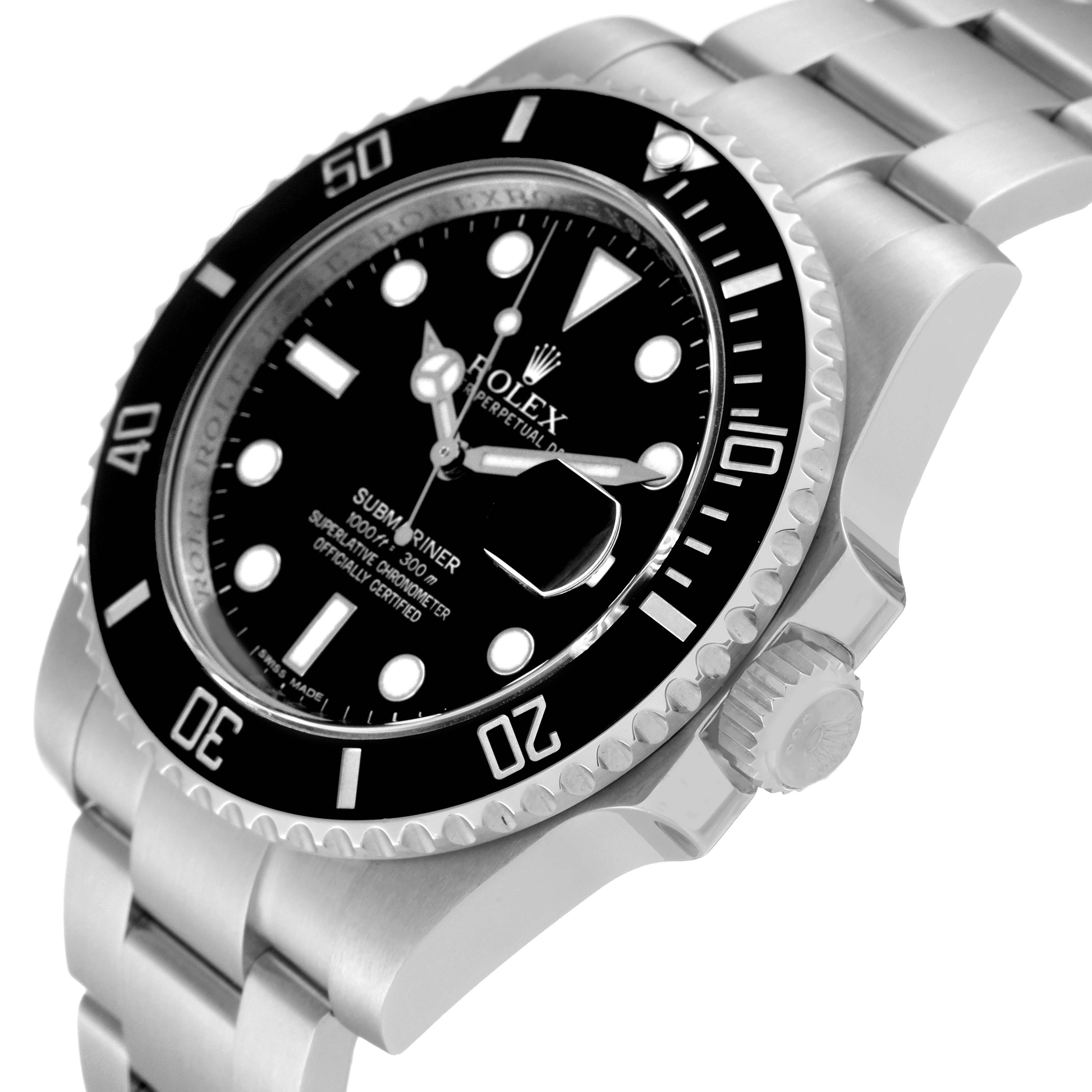 This angle of the Rolex Submariner 116610 Men
s Stainless Steel Black Dial 116610 Men
s Stainless Steel Black Dial watch shows the face, bezel, crown, and part of the bracelet.