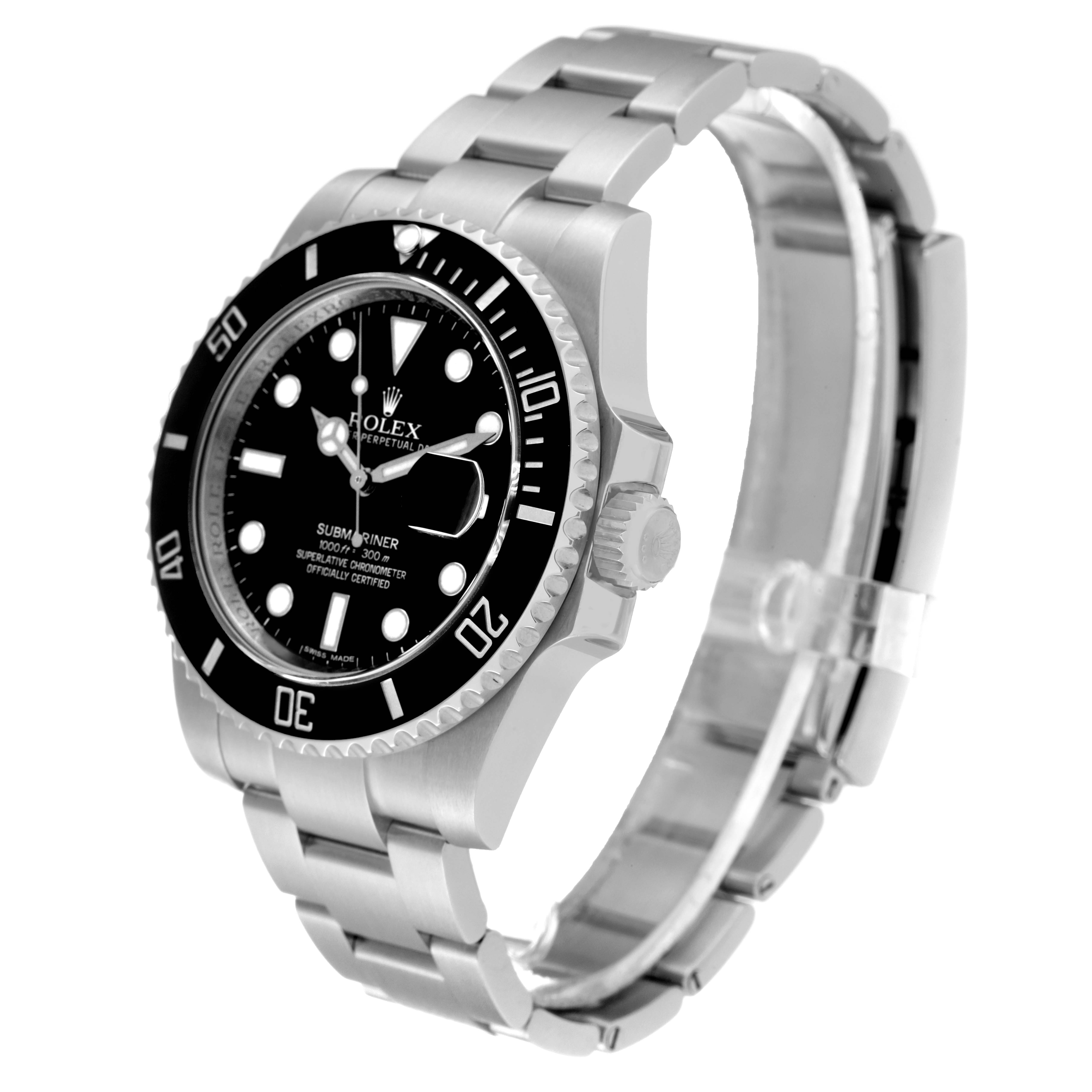 The image shows a side angle of the Rolex Submariner 116610 Men
s Stainless Steel Black Dial 116610 Men
s Stainless Steel Black Dial watch, highlighting the face, bezel, crown, and bracelet.