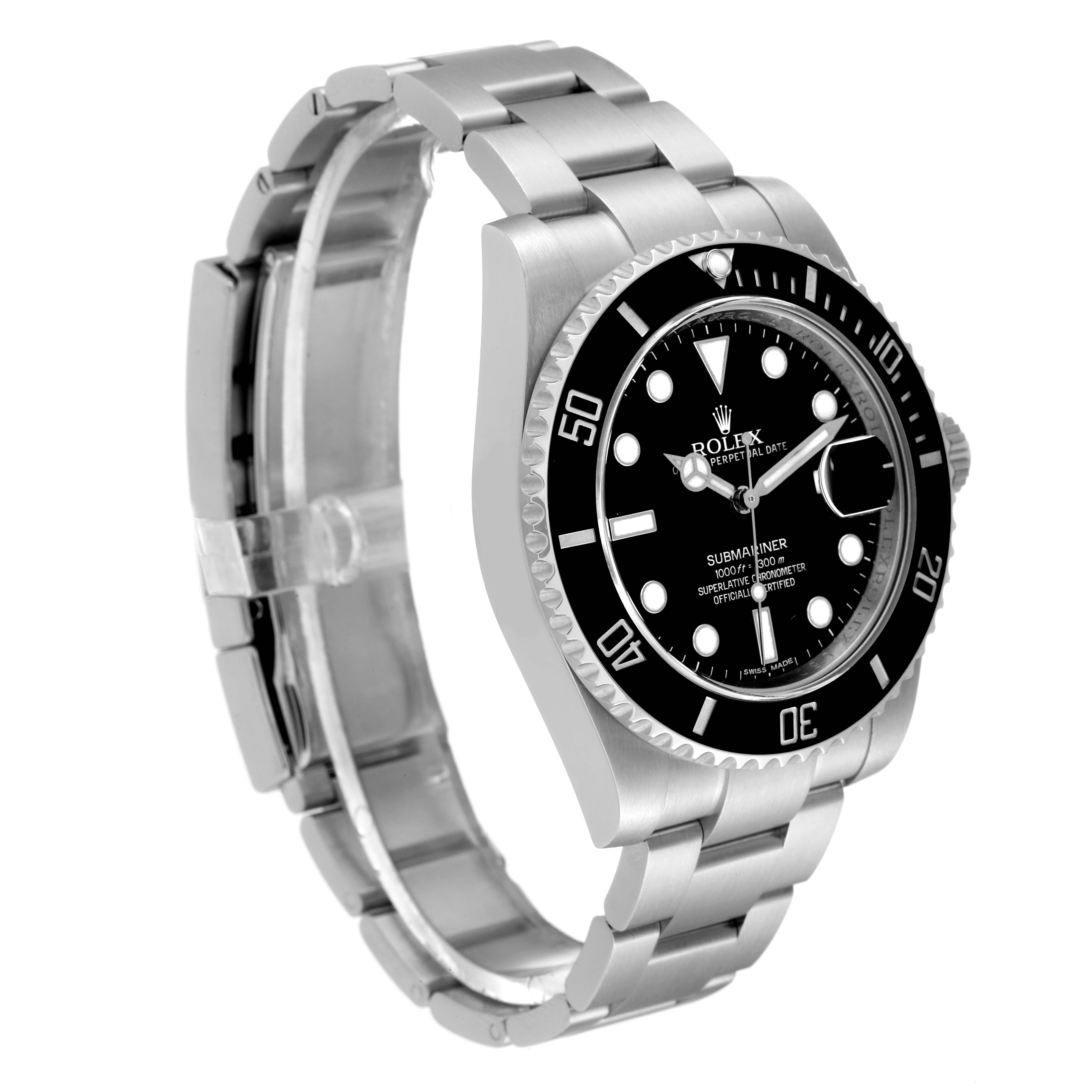 The image shows a side angle view of the Rolex Submariner 116610 Men
s Stainless Steel Black Dial 116610 Men
s Stainless Steel Black Dial watch, highlighting the dial, bezel, and bracelet.