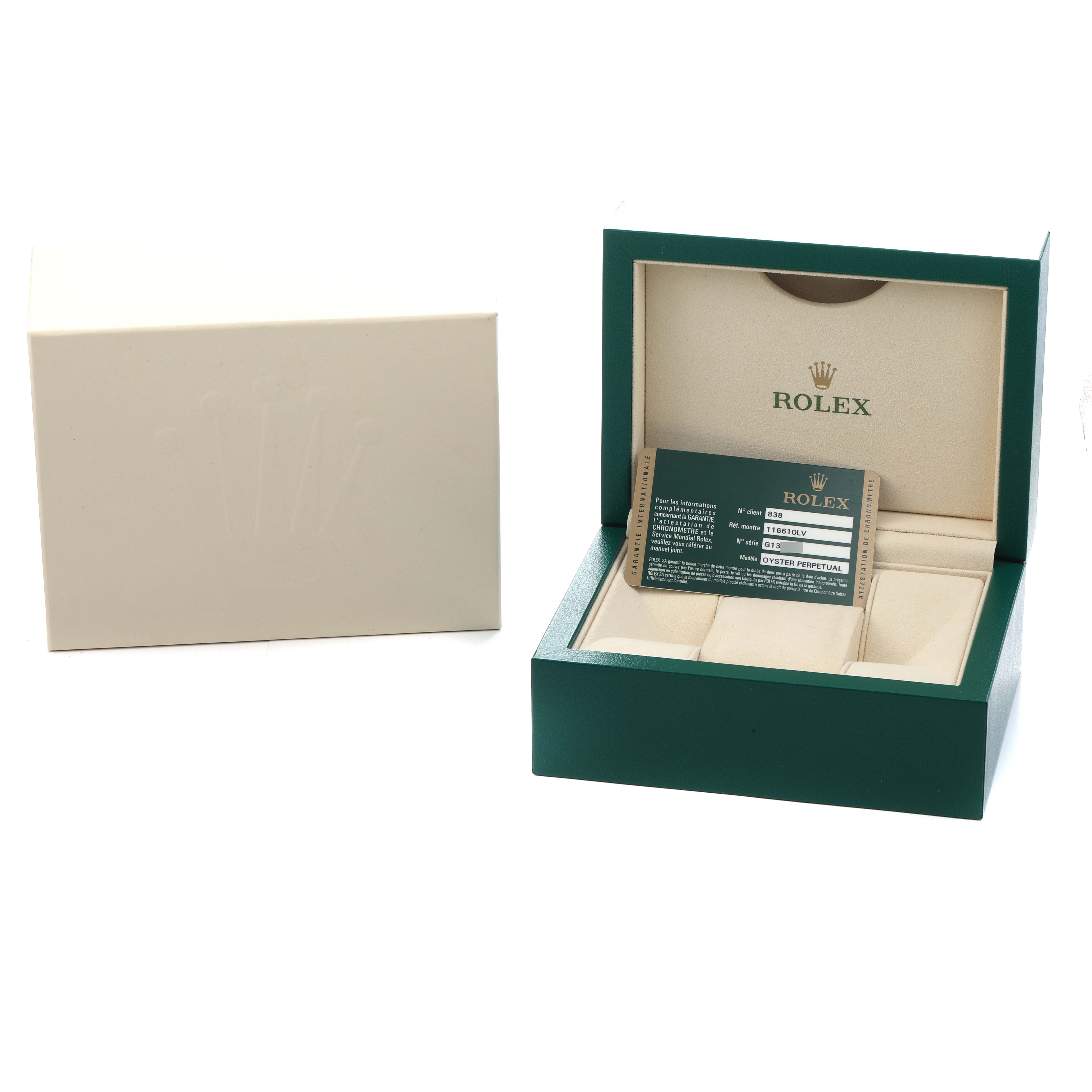 The image shows a Rolex Submariner 116610LV Men
s Stainless Steel Green Dial watch box and card, viewed from the front angle.