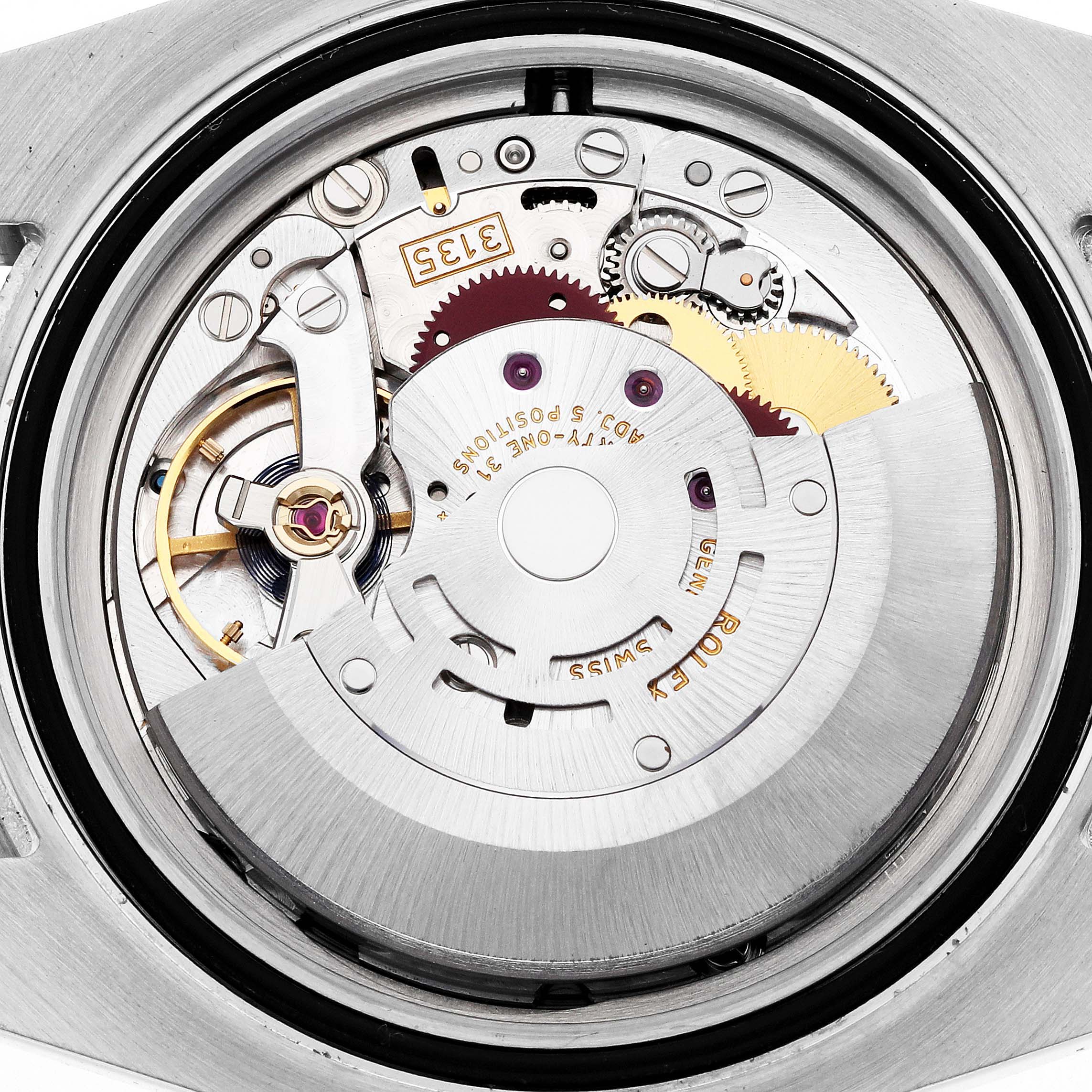 The image shows the inner mechanism of a Rolex Submariner 116610LV Men
s Stainless Steel Green Dial watch, highlighting its movement parts.