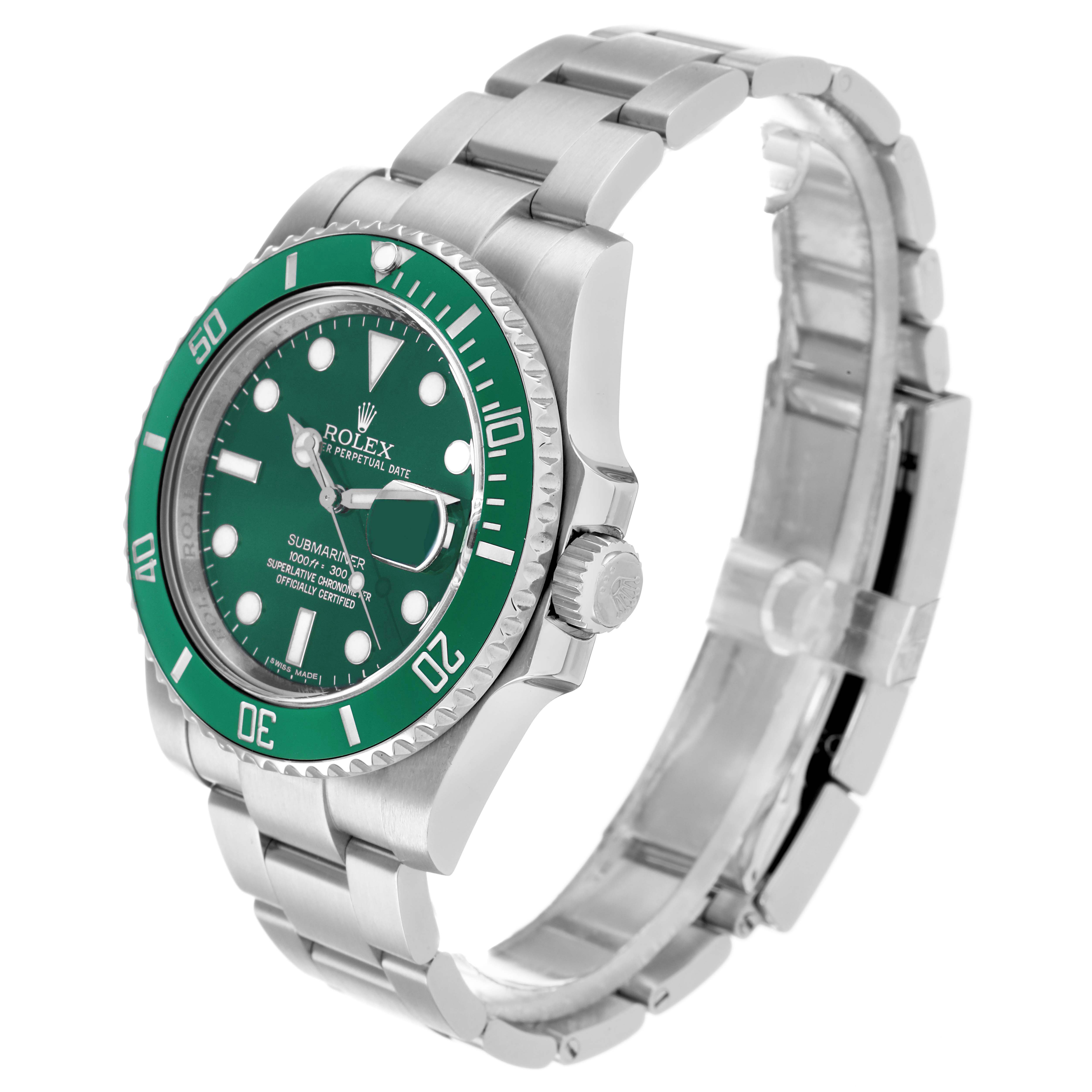 The Rolex Submariner 116610LV Men
s Stainless Steel Green Dial watch is shown at a three-quarter angle, displaying the face, bezel, crown, and bracelet.