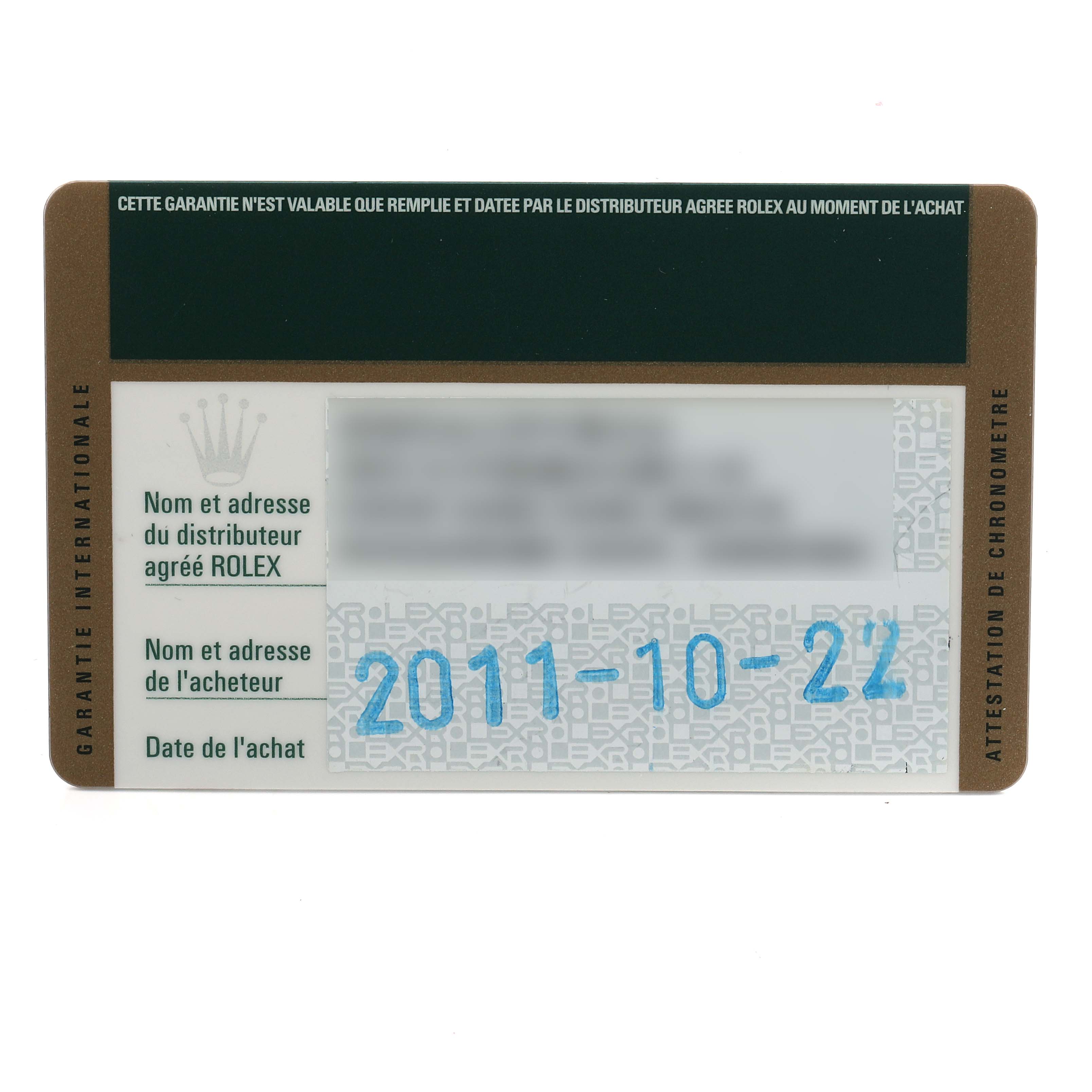 The image shows a warranty card for a Rolex Submariner 116610LV Men
s Stainless Steel Green Dial, displaying the purchase date and spaces for distributor and buyer information.