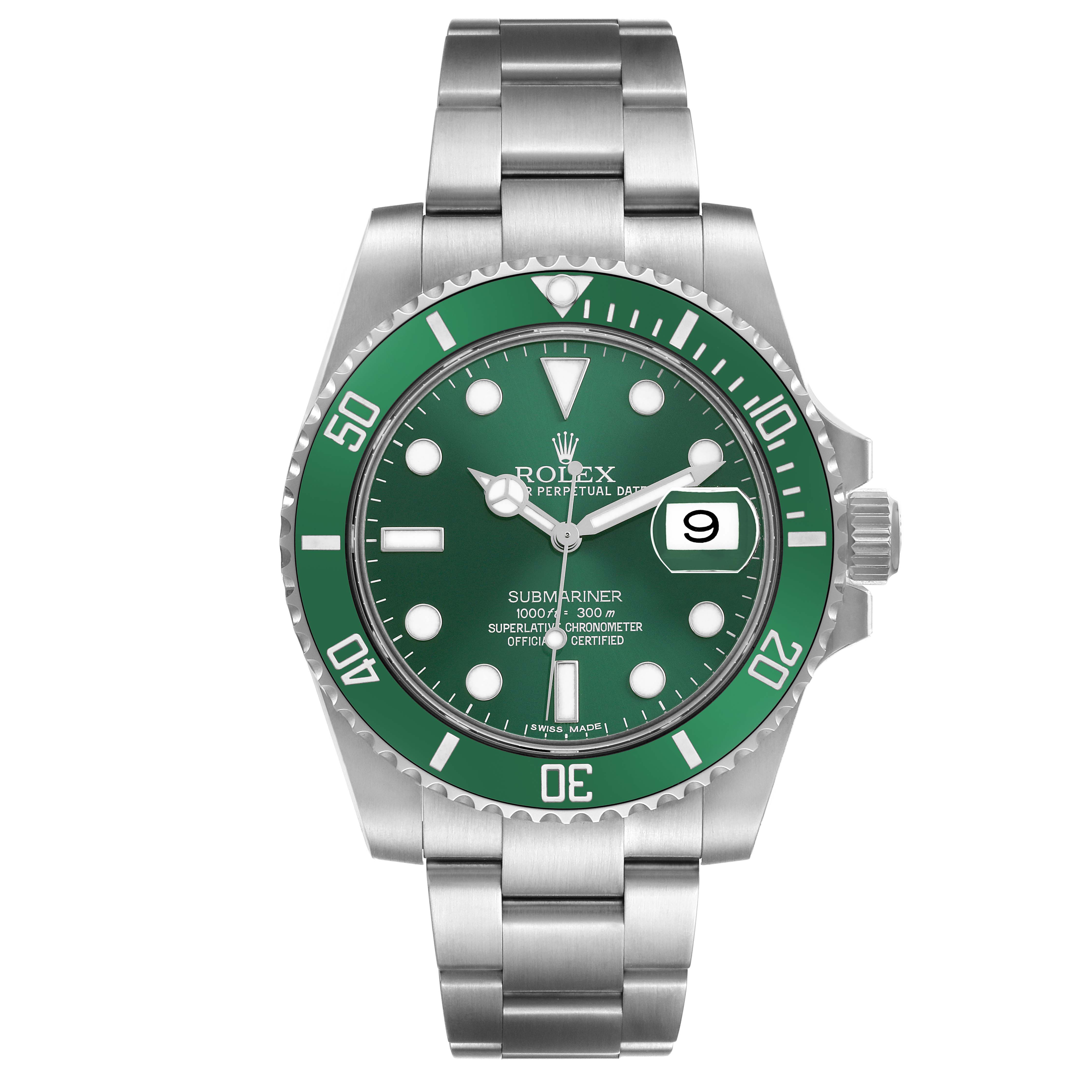The Rolex Submariner 116610LV Men
s Stainless Steel Green Dial watch is shown from the front, displaying its green bezel, dial, and stainless steel bracelet.