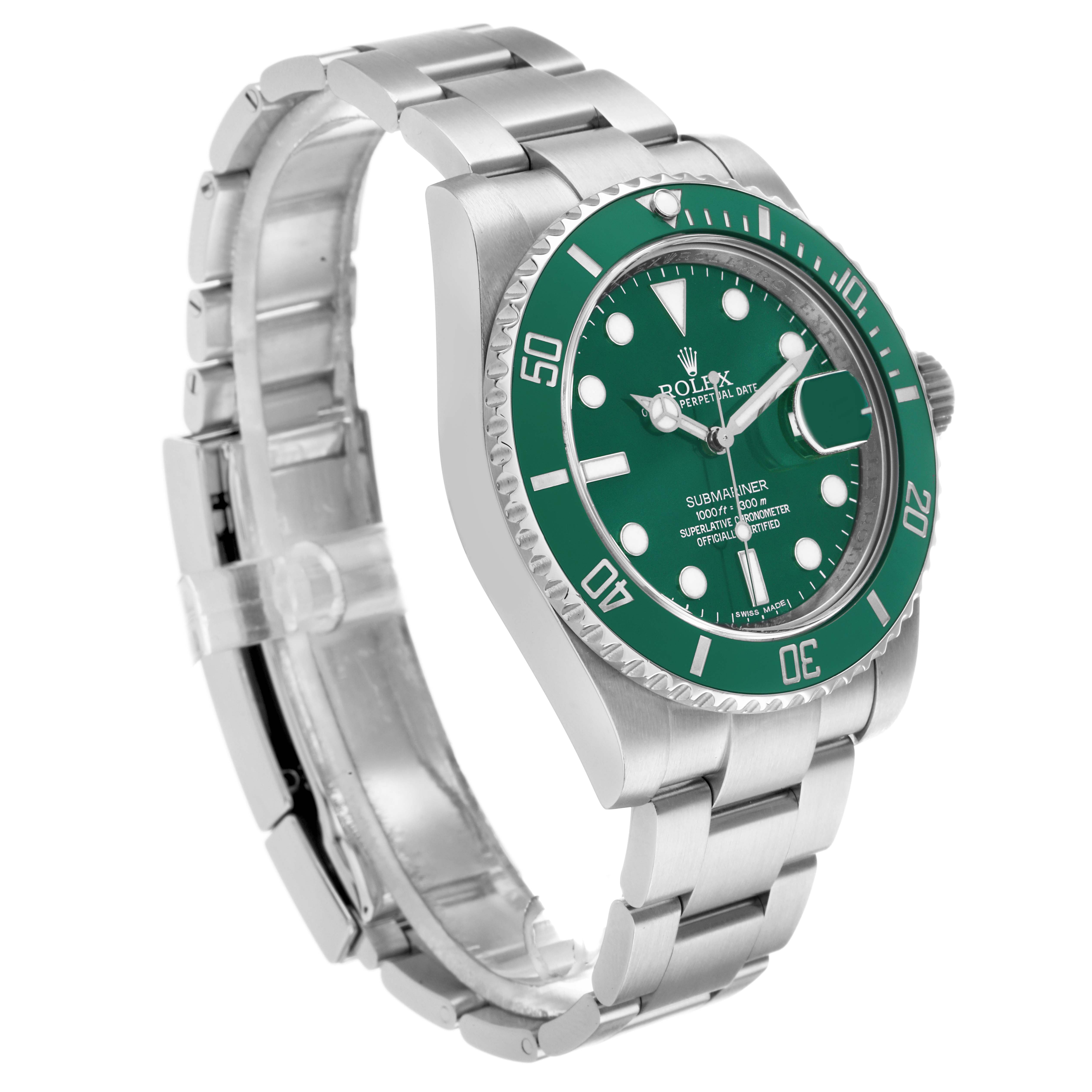 The Rolex Submariner 116610LV Men
s Stainless Steel Green Dial watch is shown from a front-right angle, highlighting the green bezel, face, and portion of the bracelet.