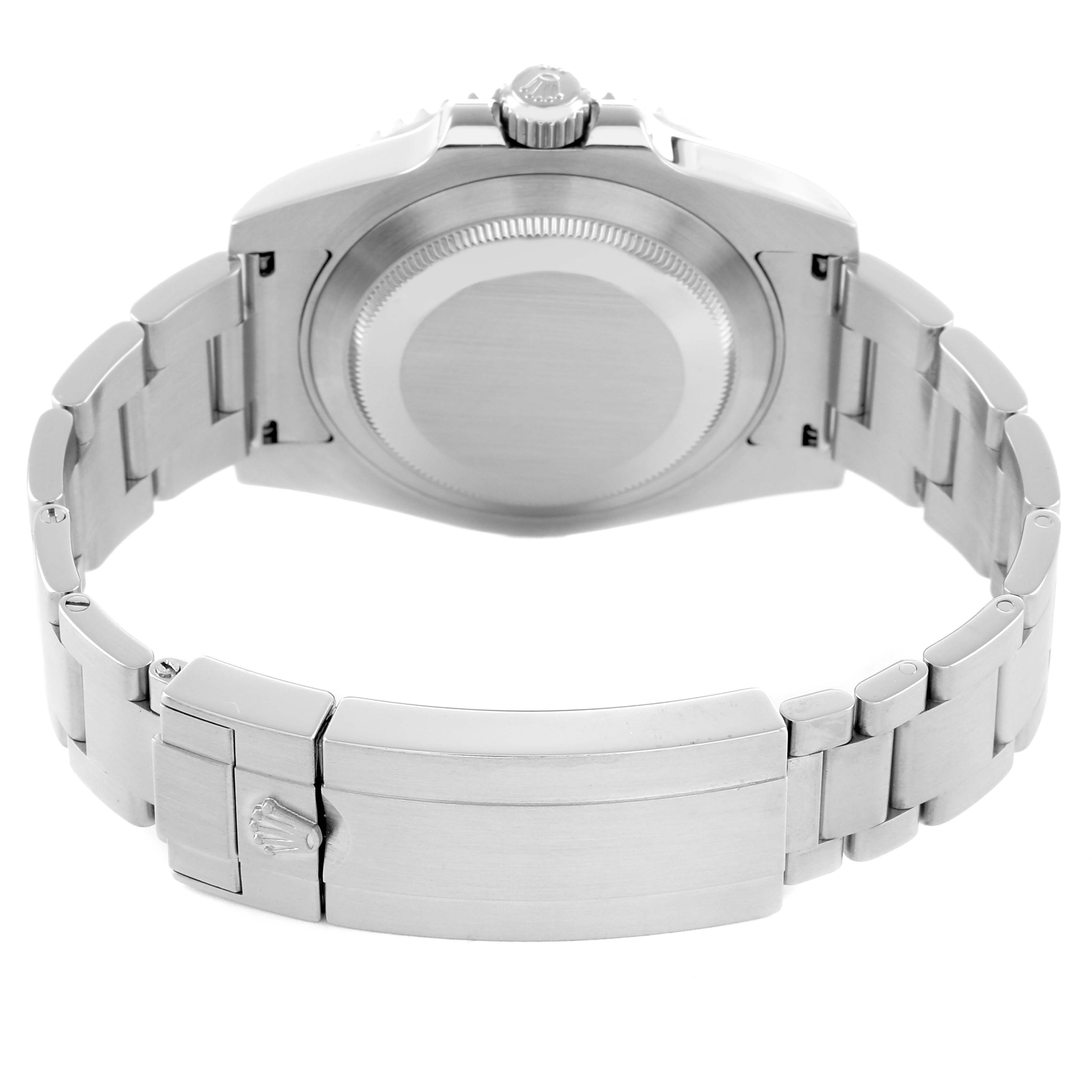 The image shows the back and bracelet of a Rolex Submariner 116610LV Men
s Stainless Steel Green Dial, highlighting its clasp and case back details.