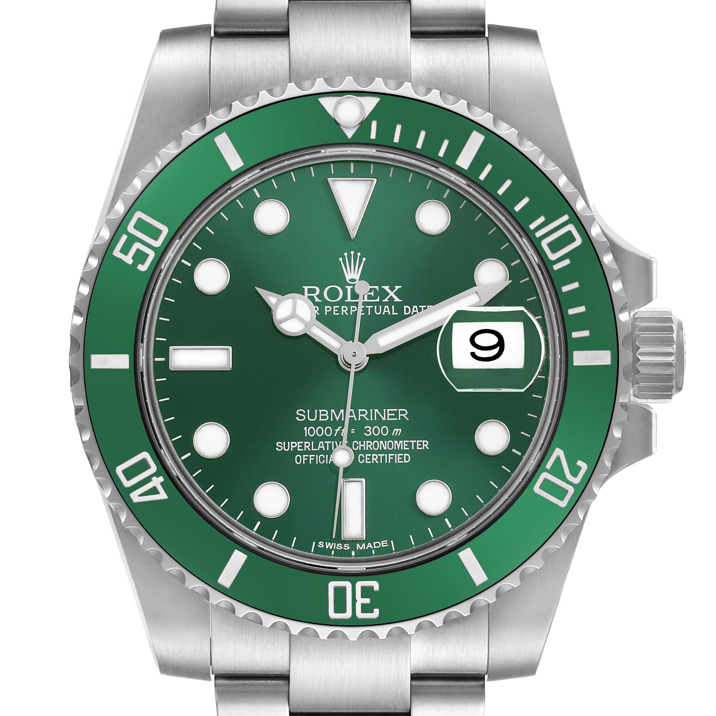 The Rolex Submariner 116610LV Men
s Stainless Steel Green Dial watch is shown from a front angle, highlighting the green dial, bezel, and bracelet.